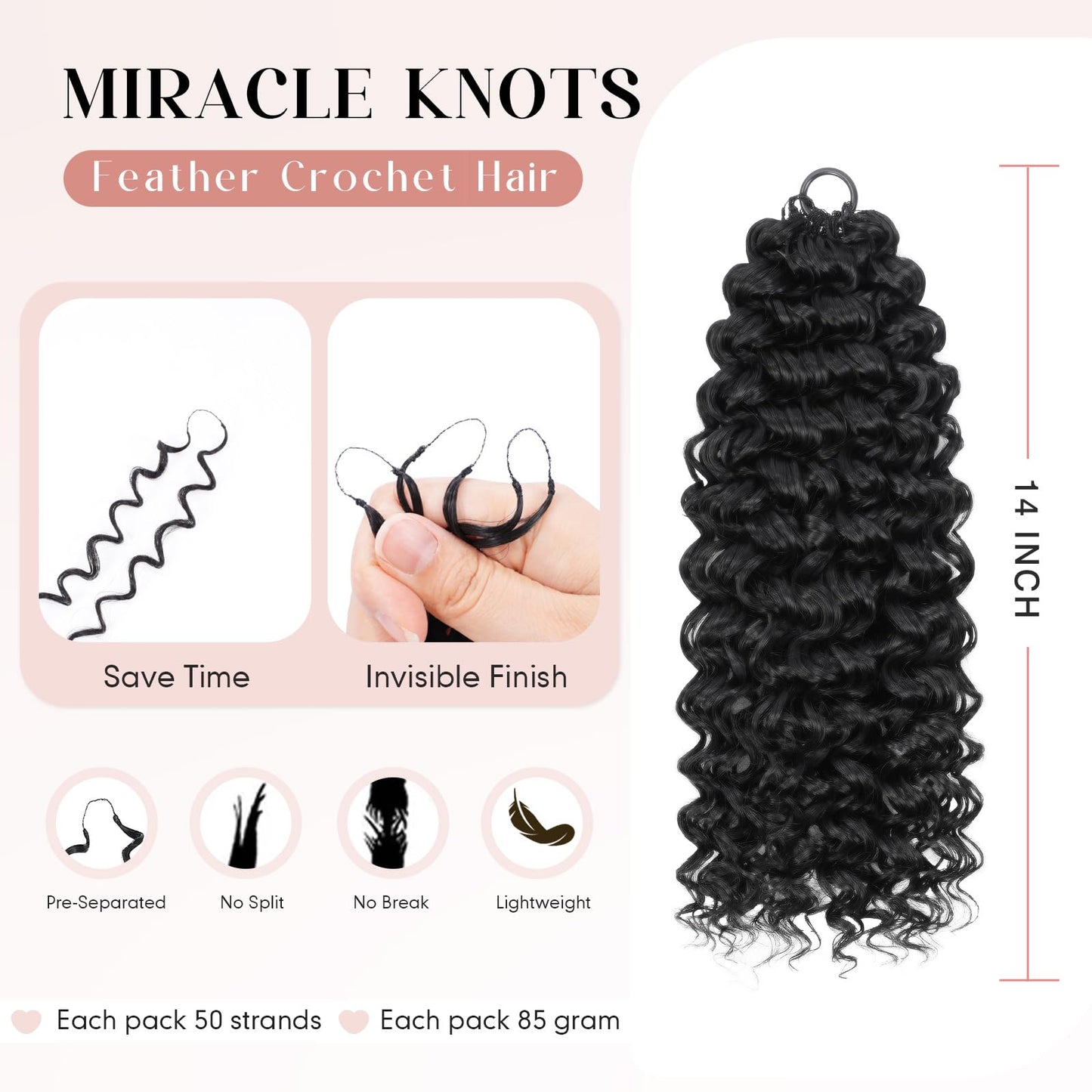 Miracle Knots Feather Crochet Hair for Black Women, 14 Inch 100 Strands Human Hair Like Soft Touch, Pre-Separated Synthetic Knotless Gogo Curl Crochet Hair (1B)