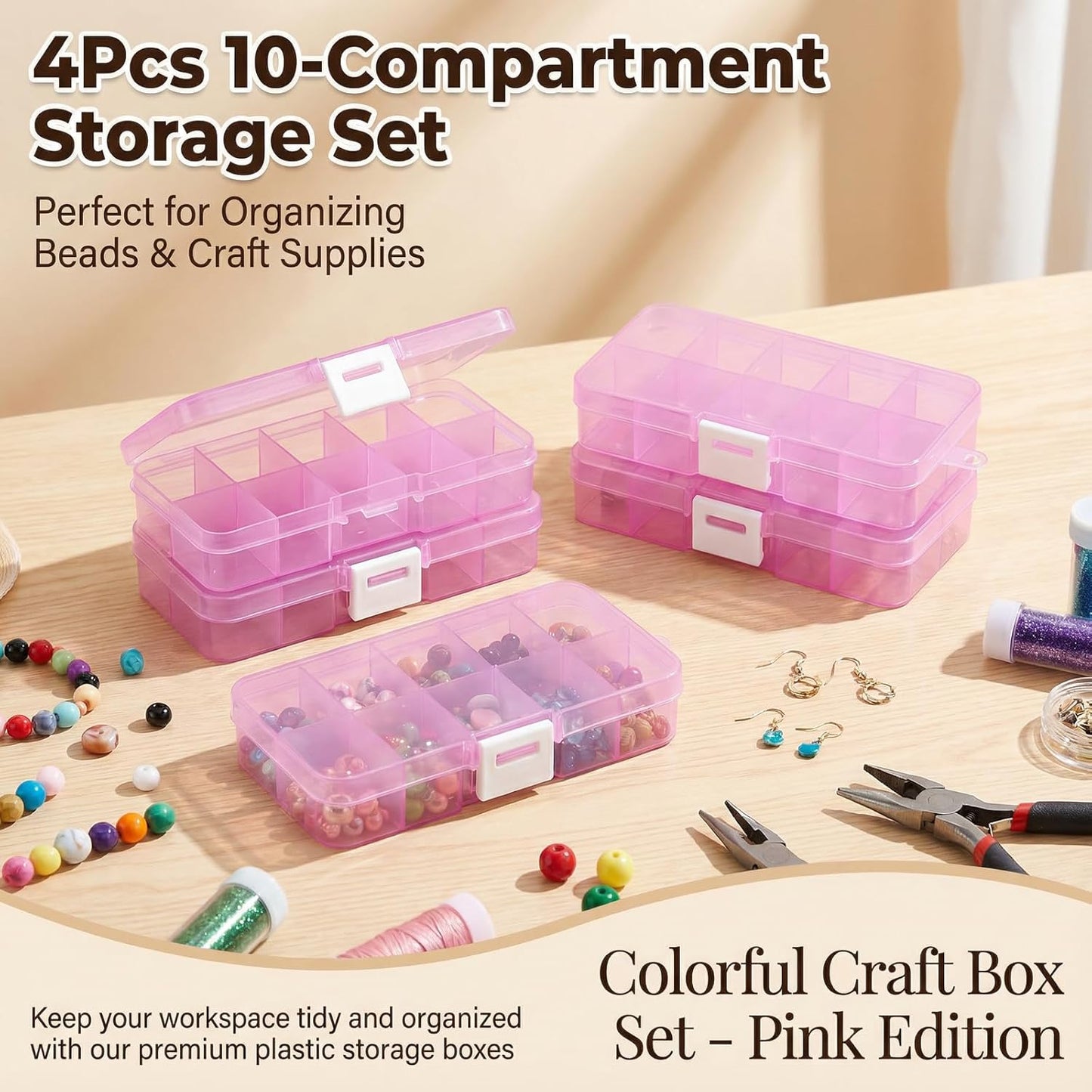 40-Grid Plastic Organizer Boxes - Waterproof Stackable Storage for Jewelry, Crafts, Nails & Fishing Tackle | 4 Pack (Pink)