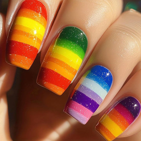 Rainbow Glitter Press-On Nails - Medium Square Colorful Stripes | Glossy Reusable Full Cover Fake Nails for Women - 24 Pcs