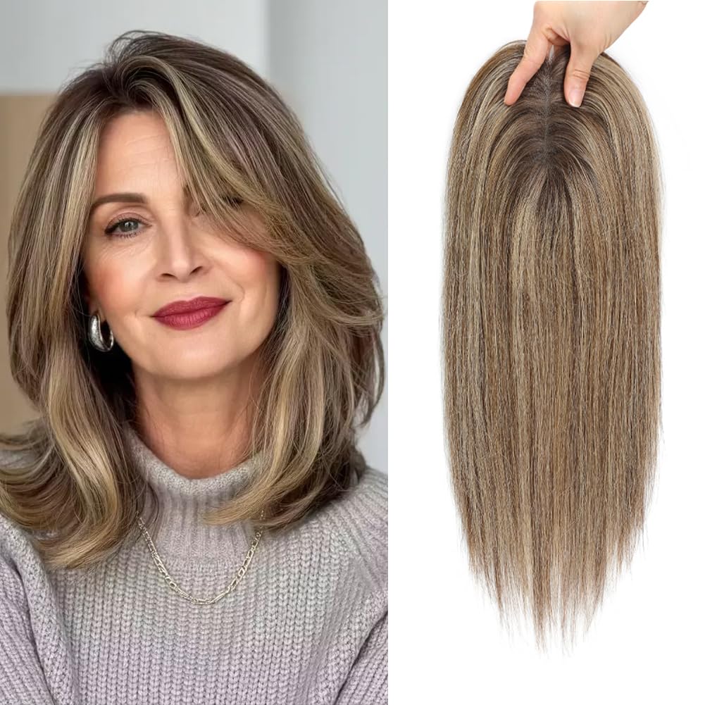 Human Hair Toppers for Women - Medium Brown with Warm Blonde Highlights | 10cm x 12cm