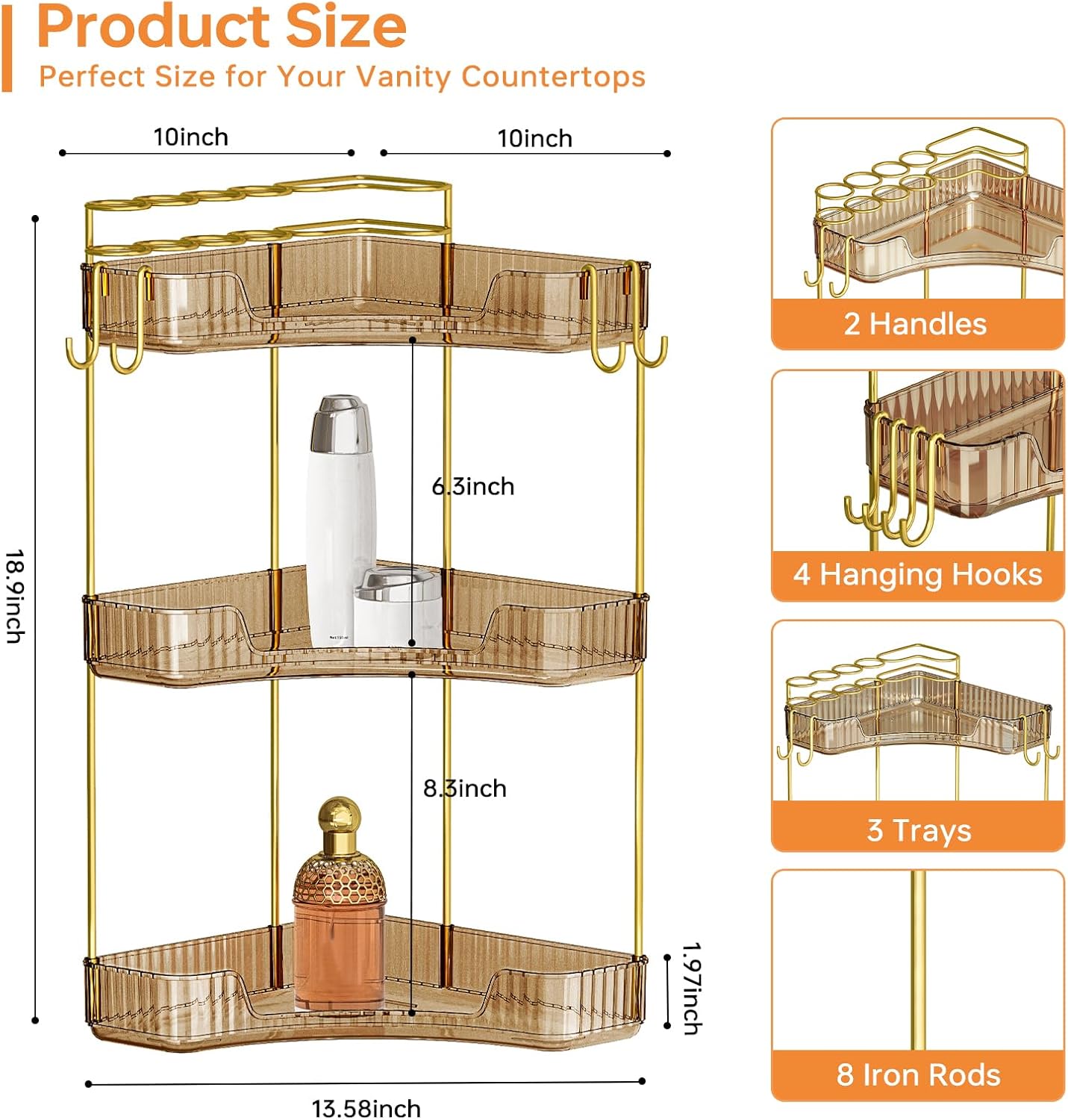 3-Tier Corner Bathroom Organizer - Makeup & Skincare Shelf with Built-in Brush Holder | Space-Saving Amber Design