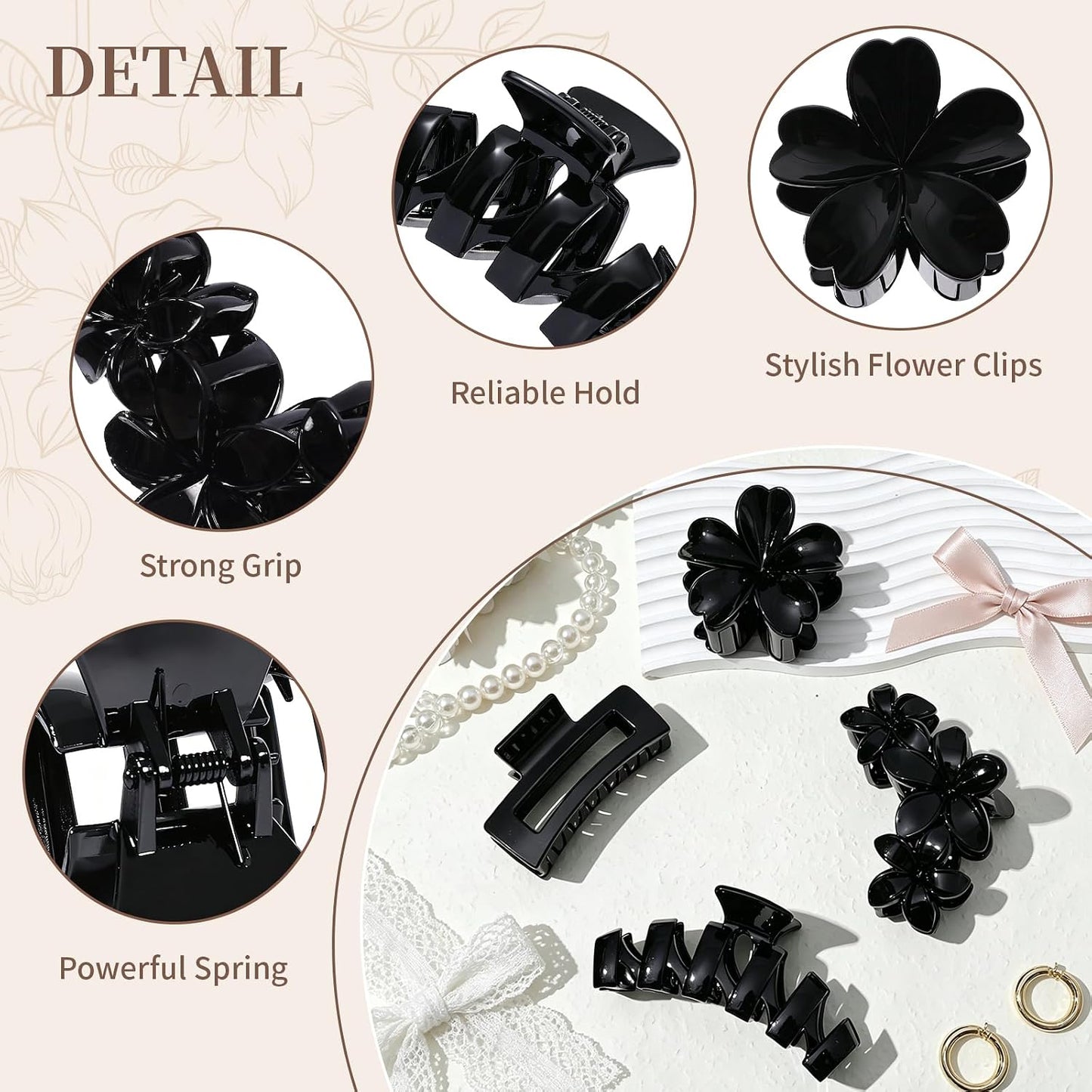 Hair Clips for Women - 8 Pcs Stylish Flower Claw Clips for Strong Hold | Black & White Tortoise