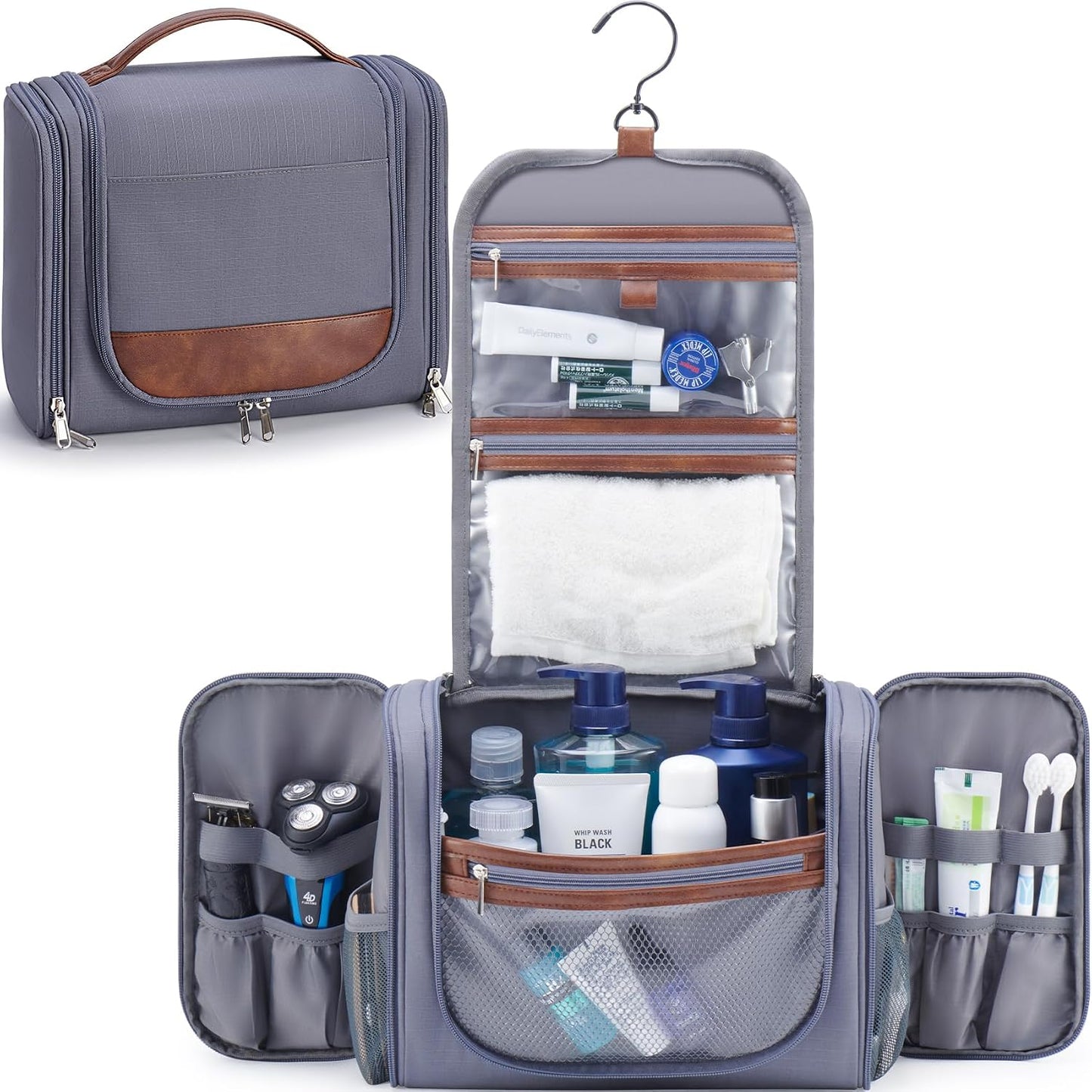 Large Hanging Toiletry Bag for Men - Travel Organizer with Hook | Gray Hygiene & Grooming Essentials