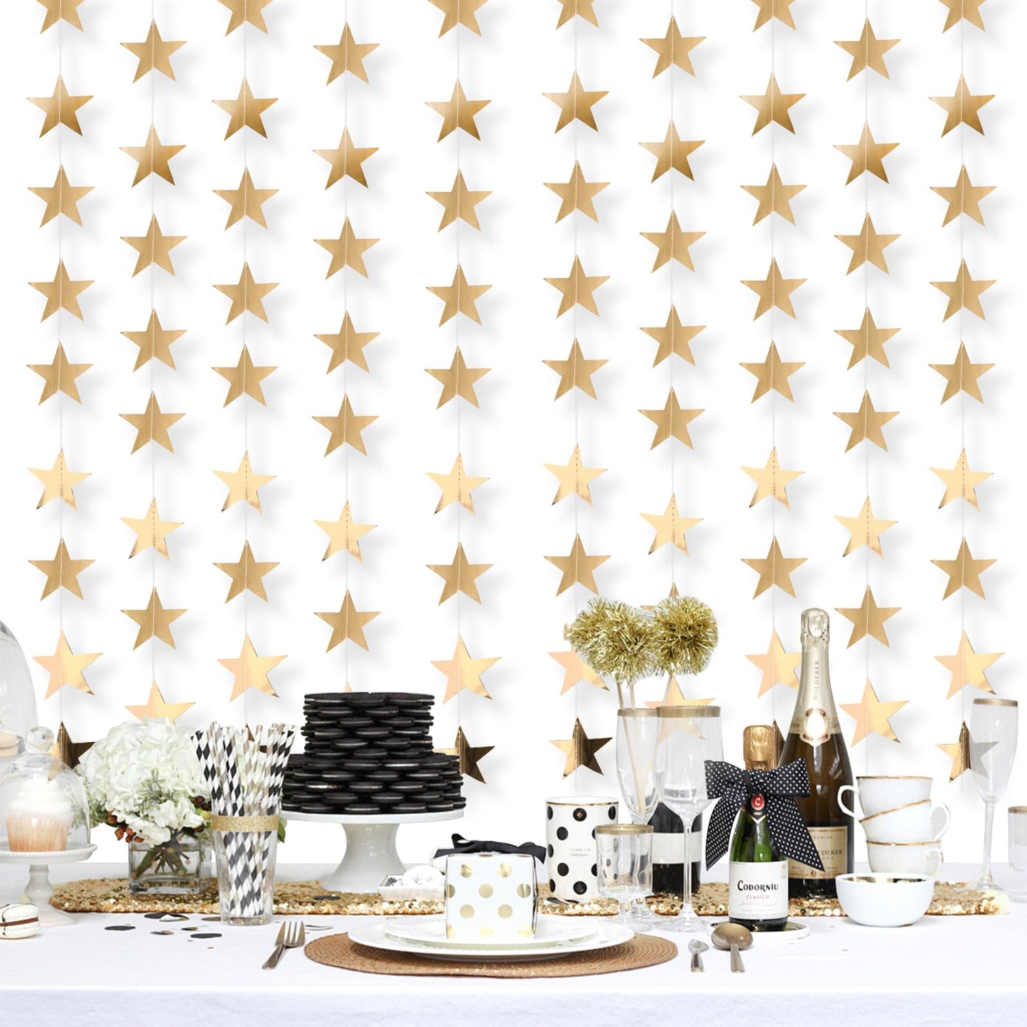 BRIOYHA Metallic Champagne Gold Star Garland,10-Pack 4M Paper Hanging Star Streamers, Double-Sided Reflective Star Banner for Graduation Wedding Birthday Christmas New Year Party Decoration