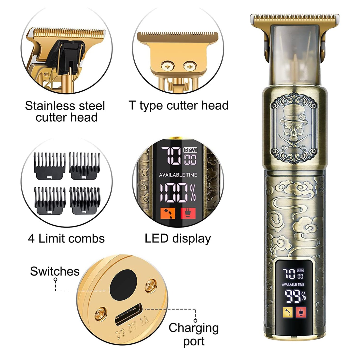 Hair Clippers for Men - Cordless T-Blade Trimmer - Professional Haircut & Grooming Kit - Rechargeable - LCD Display (Figure-01)