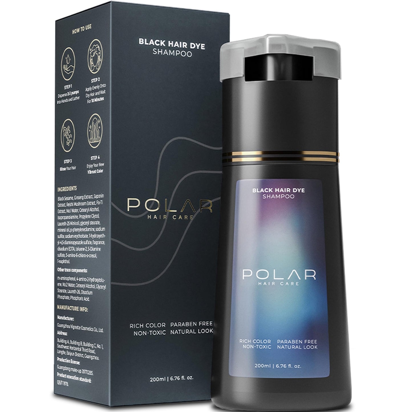 Polar Hair CARE Polar Haircare - Hair Dye Shampoo for Gray Hair for Women & Men (Jet Black) Natural Hair Dye Kit - Semi Permanent Hair Dye Shampoo - Vegan Hair Dye USA 6.76 Fl Oz
