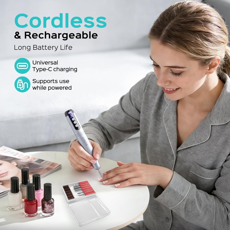 COSLUS Cordless Electric Nail Drill - 12-Speed Professional Nail File with LED Display | Grey, Perfect for Gel Removal & Nail Art