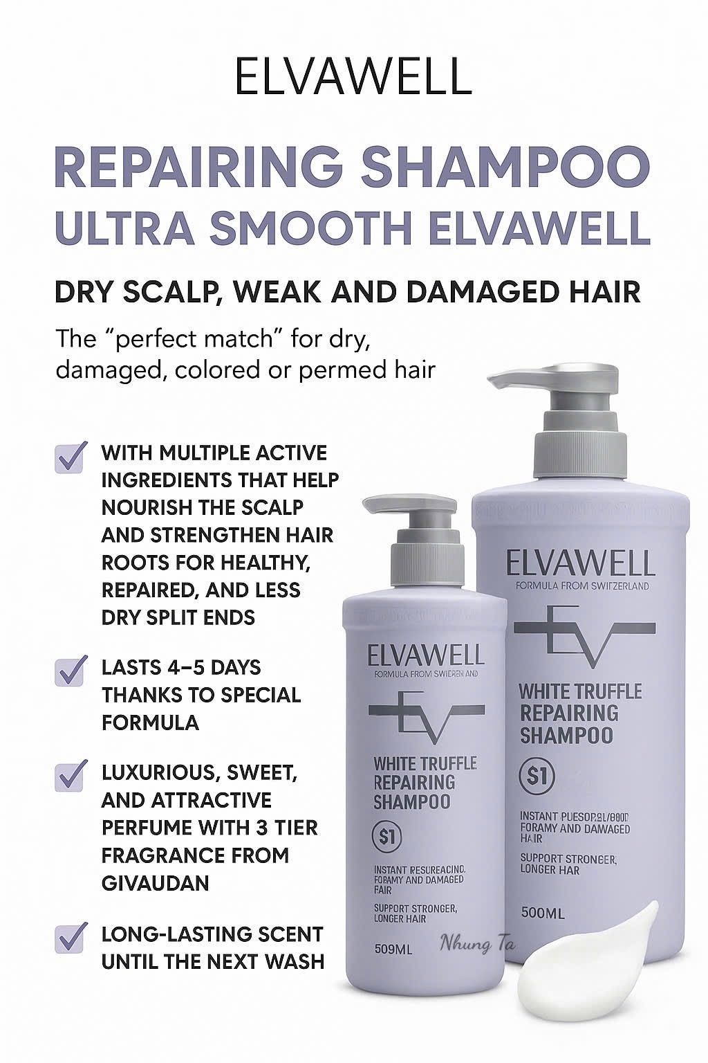 ELVAWELL White Truffle Repairing Shampoo & Conditioner Set – Avocado & Damask Rose Formula, Heat & UV Protection, Deep Nourishing Repair for Dry Damaged Hair, 16.9 fl oz Each