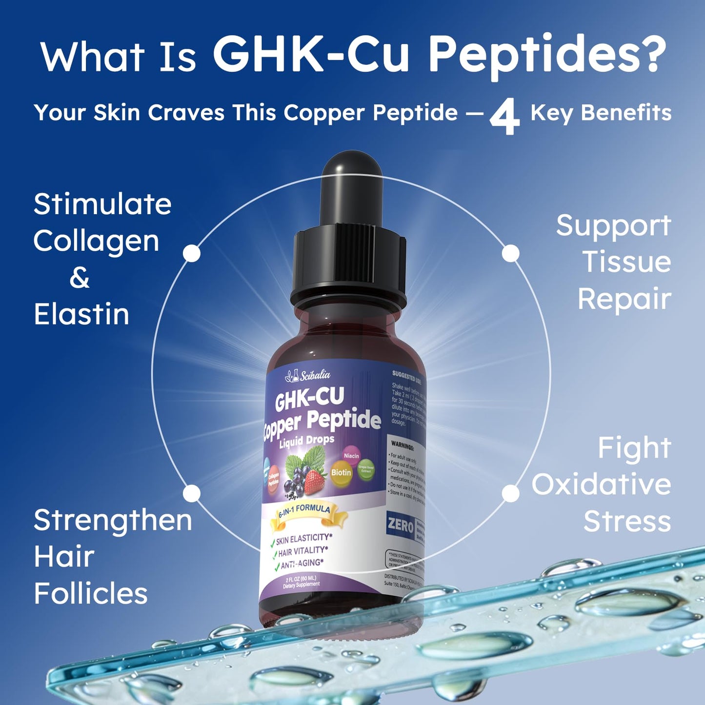 Scibalia GHK-CU Peptide Supplement Liquid Drops, Premium 6-in-1 GHK CU Copper Peptides w. Marine Collagen Hyaluronic Acid Biotin for Anti-Aging, Skin Hair Growth Support, Oral Drops丨Women Men