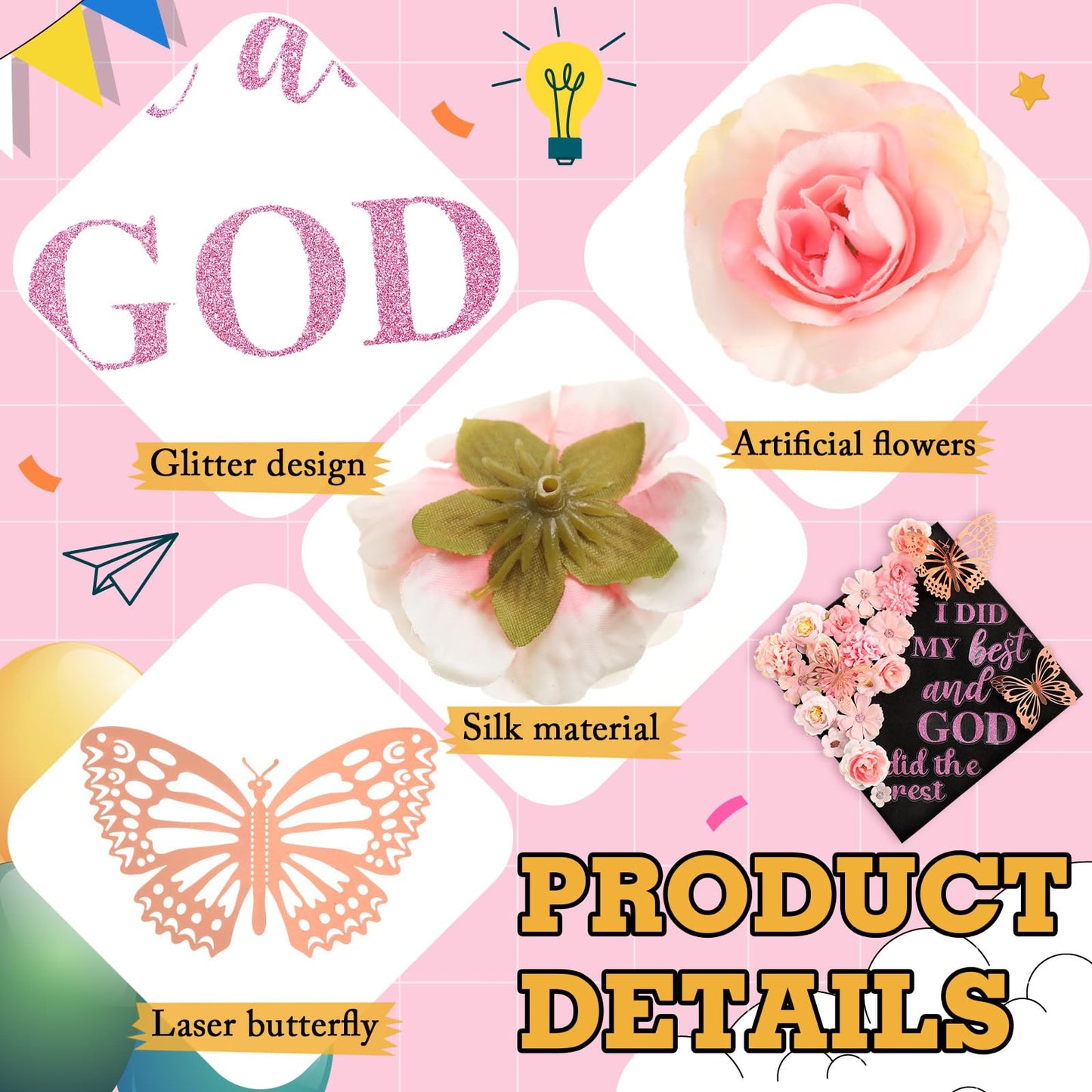 Feifeiya 36 Pcs DIY 2026 Graduation Cap Decorations Accessory Kit Include Faux Flower Heads Graduation Quotes Glitter Stickers 3D Butterfly for Grad Cap Topper DIY Gift(Pink,Inspirational)