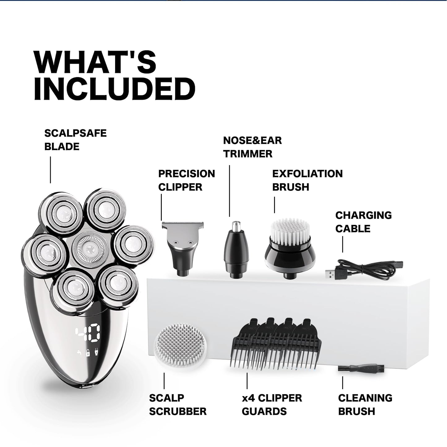 Head Shavers for Bald Men, Electric Razor, IPX8 Waterproof Dry/Wet Bald Head Shaver with 10000 RPM High-Speed Motor, Rechargeable Head Razor with LED Display, USB-C Cable, Perfect for Home & Travel