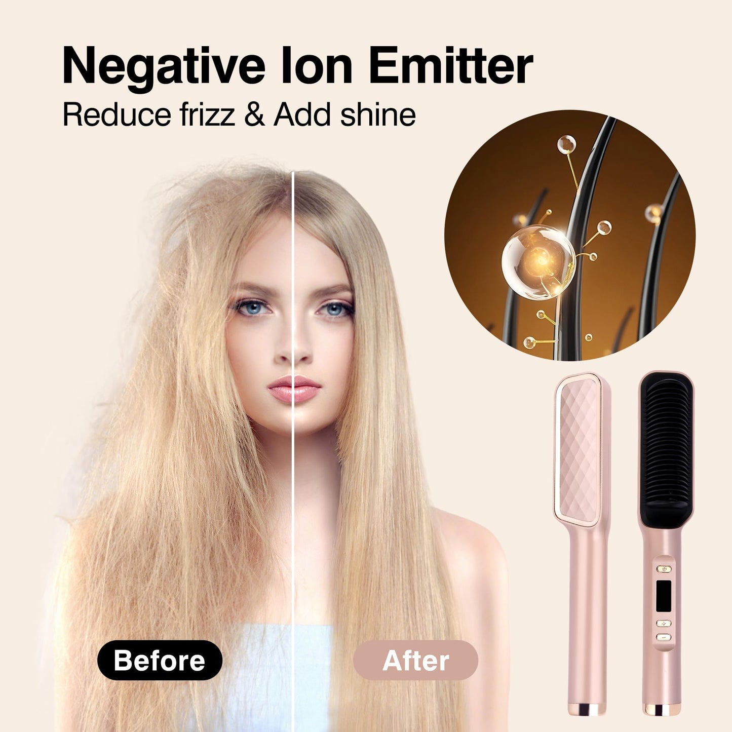 Hair Straightener Brush, Ring Sleek Sweep Ionic Hair Straightener Comb Straightening Brush for Women with 4 Temps,Anti-Scald Ceramic Hair Straightener Comb,20s Fast Heating & Dual Voltage, Rose Gold