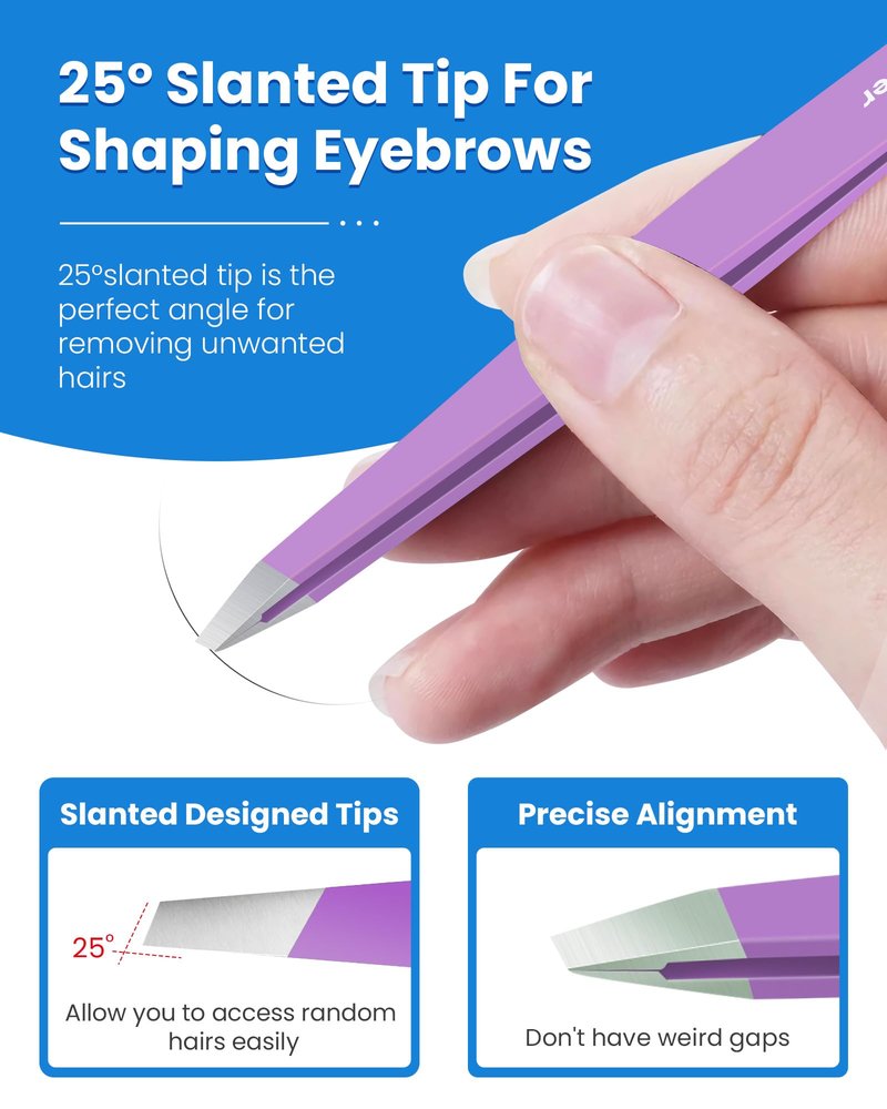 Expert Eyebrow Hair Removal Tweezer with Leather Case, GlamTweeler High Precision Slant Tip Stainless Steel Tweezers for Men and Women (Glitter Silver)
