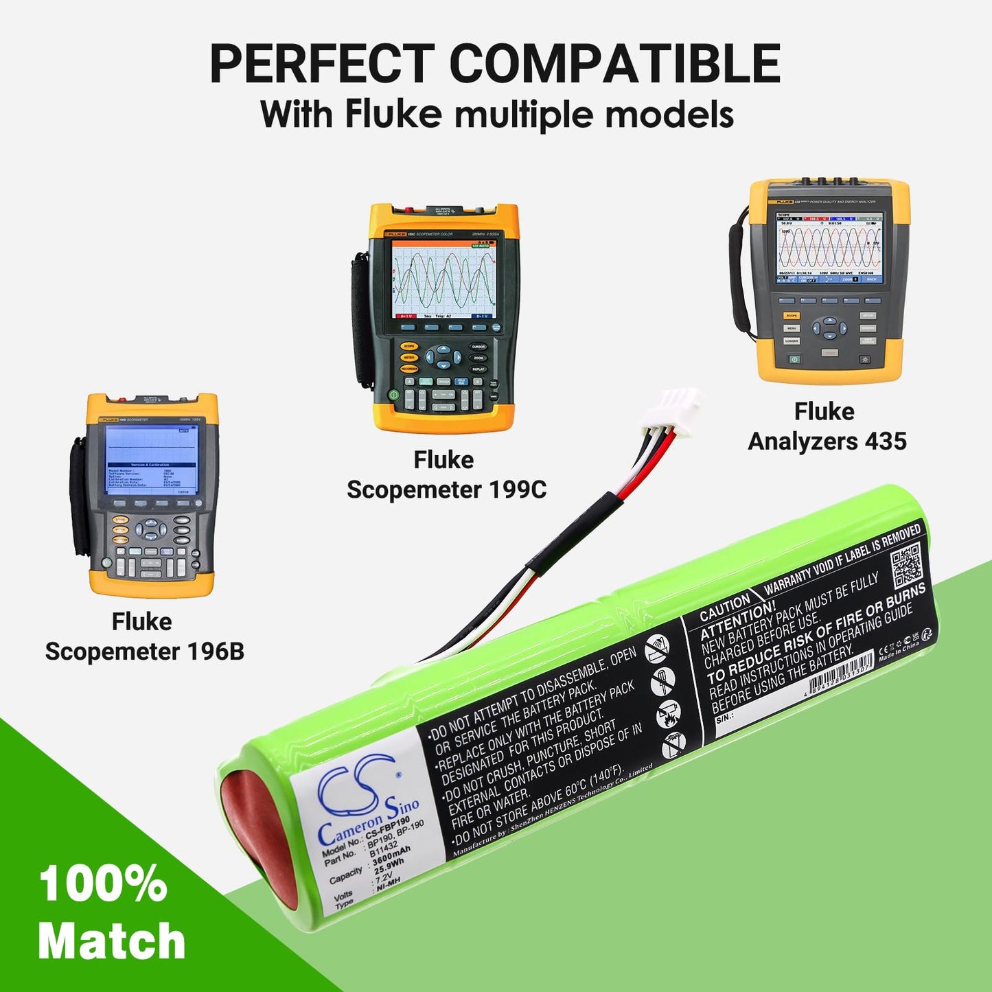 Cameron Sino 3600mAh Replacement Battery for Fluke BP190, B11432 and 677390, 190M Medical OscilloscopeScope, Analyzers 433, Analyzers 434, Analyzers 435, 192, 192B, 196, 196B, 196C, 199, 199B, 199C