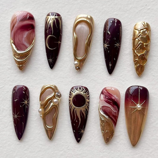30Pcs Long Almond Press-On Nails - 3D French Tip with Pearl Rhinestones & Gothic Design | Full Cover Acrylic Nails for Women