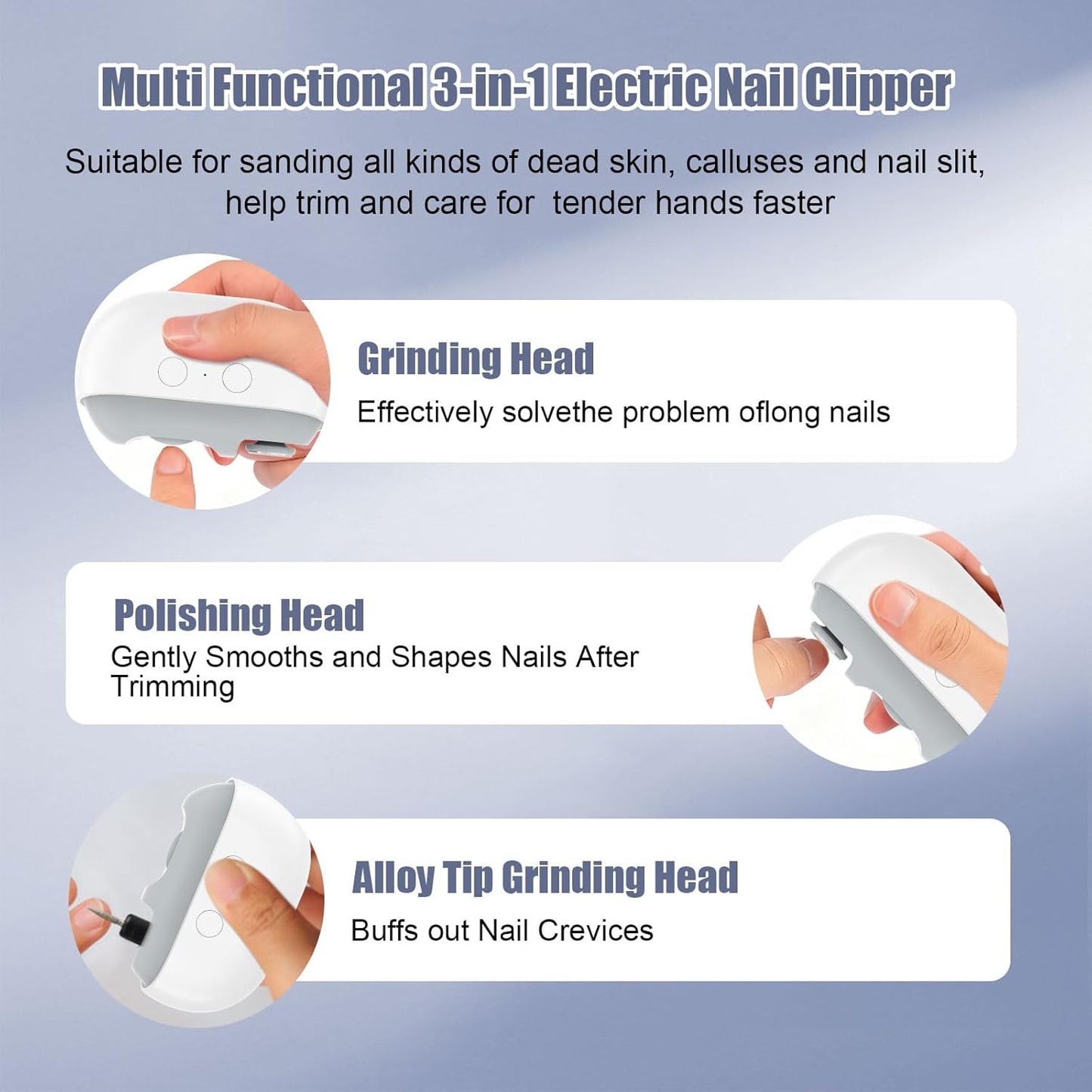 Electric Nail Clipper - 3-in-1 Automatic Trimmer for Seniors & Adults | LED Light & Nail Scraps Storage (White)