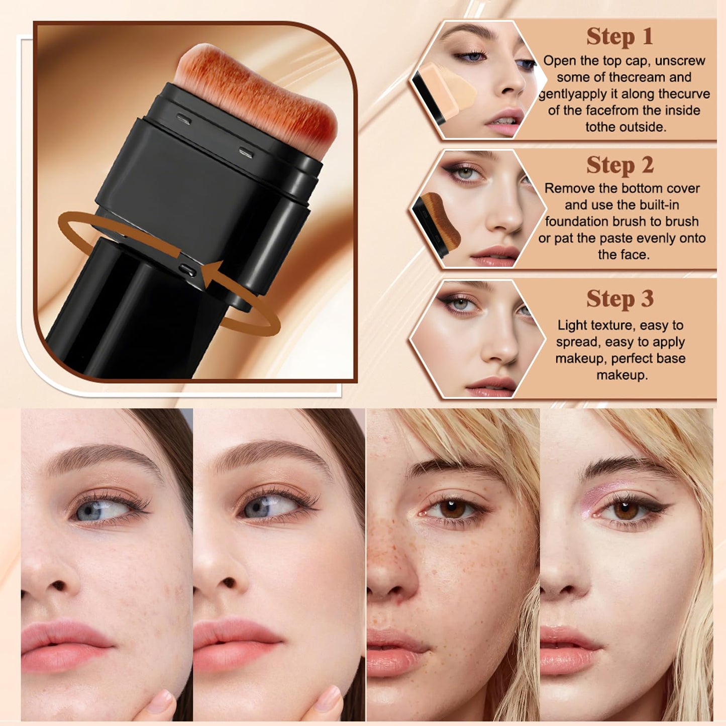 Zaidoc Foundation Stick, Dual-Ended with Brush, 2-in-1 Longwear & Waterproof, Natural Full Makeup Concealer Coverage for Dark Circles & Blemishes with Hydrating Olive & Camellia, 2.09 oz (03#)