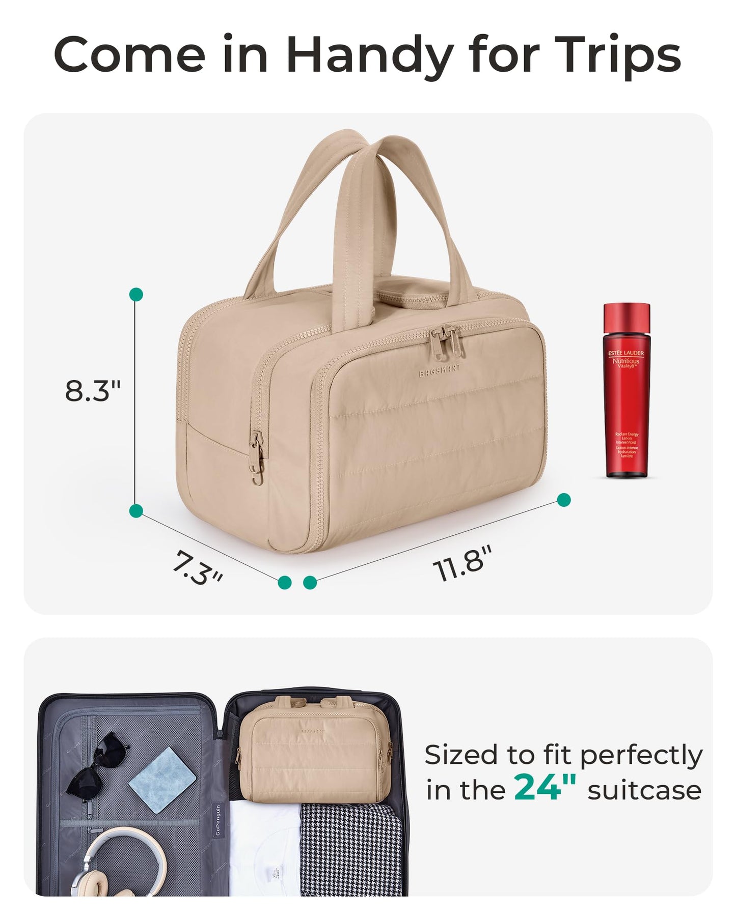 BAGSMART Travel Toiletry Bag, Puffy Toiletry Bag for Women, Wide-open toiletry bags for traveling, Large Travel Cosmetic Makeup Bag Organizer for Accessories,Toiletrie (Khaki)