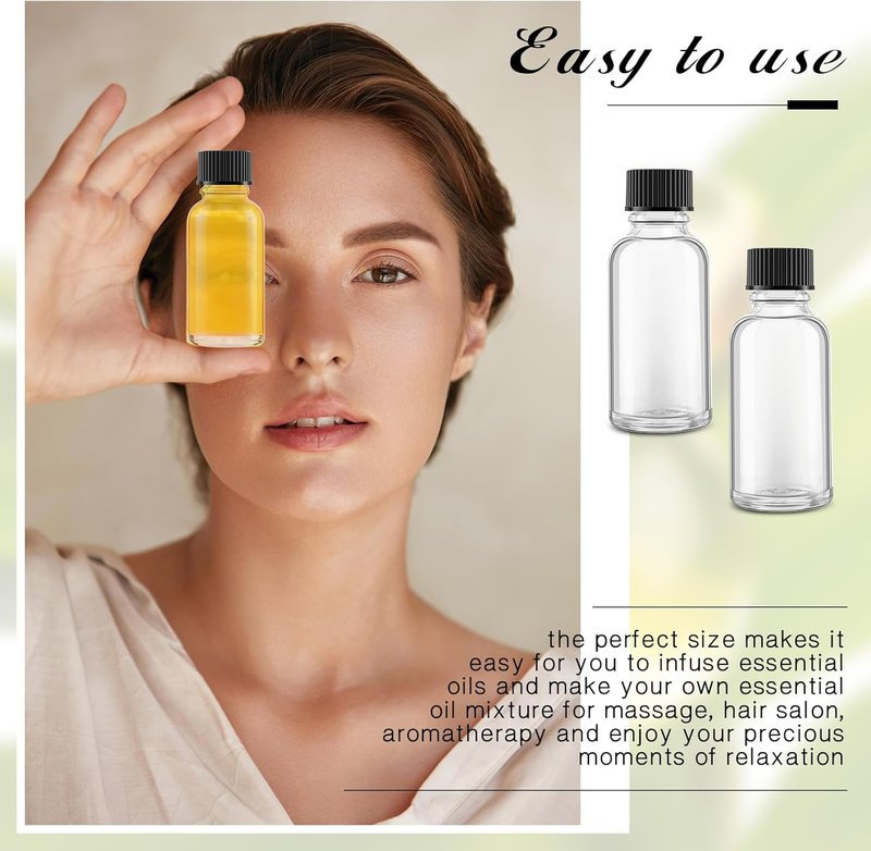 Clear Boston Round Glass Bottles - 1 oz with Black Caps & Funnel | 48 Pcs for Essential Oils & Extracts