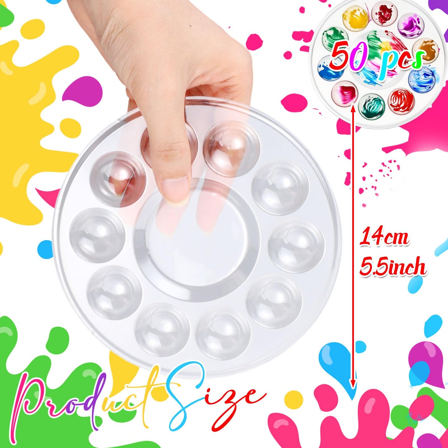 AmazingSpark 50 Pcs Paint Tray Palettes 5.5 in Clear Disposable Round Plastic Paint Palette Bulk Watercolor Craft Supplies for Art Class, DIY Craft, Painting Party, Birthday Party