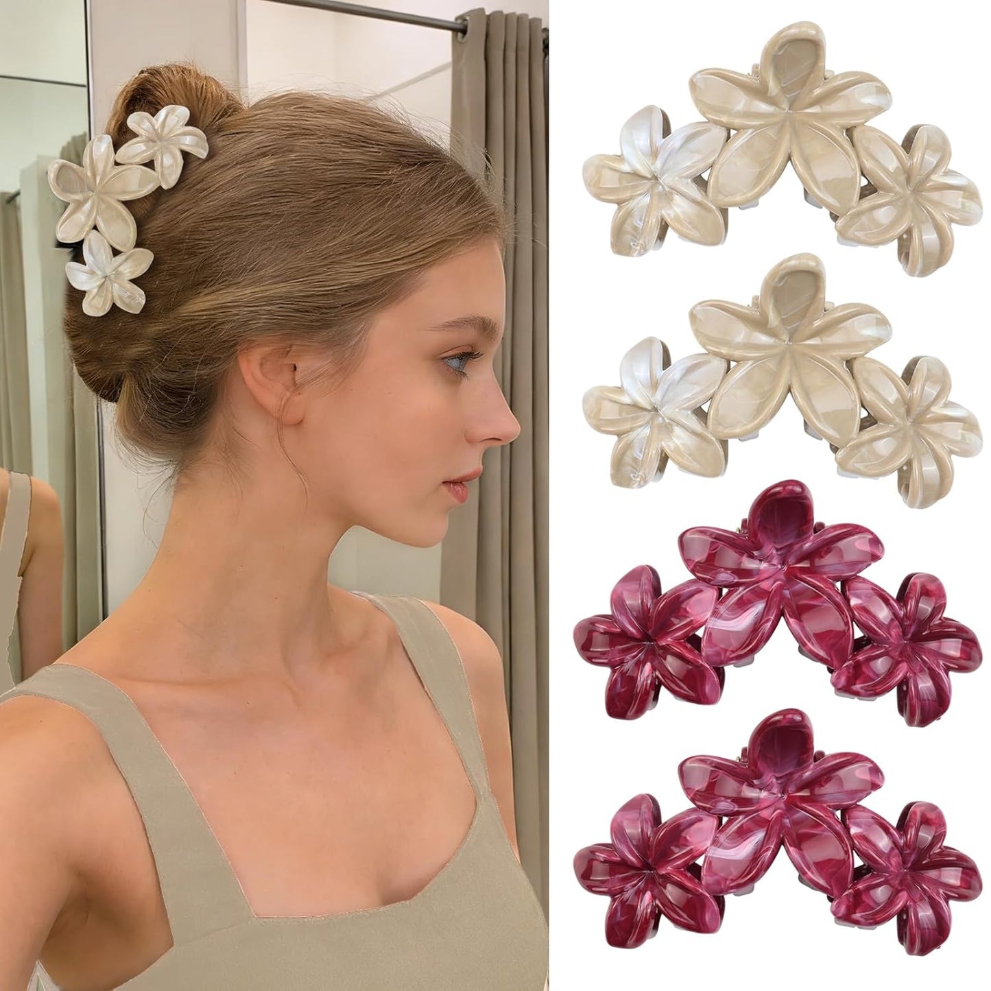 Cute Hawaiian Flower Claw Hair Clips - 4Pcs Large Clips for Thick or Thin Hair | Pink & Red Beach Accessories