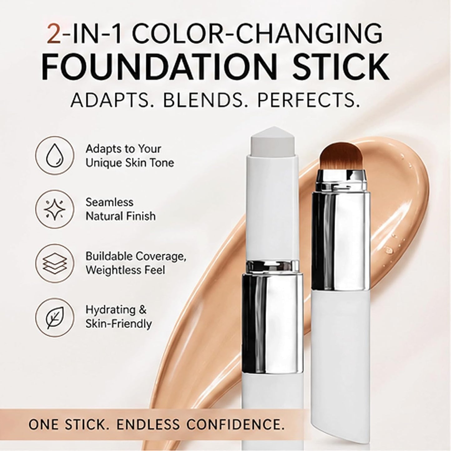 Korean Color Changing Foundation Stick - 2-in-1 Concealer & Foundation Duo | Natural Dewy Finish, Dual-Ended with Brush