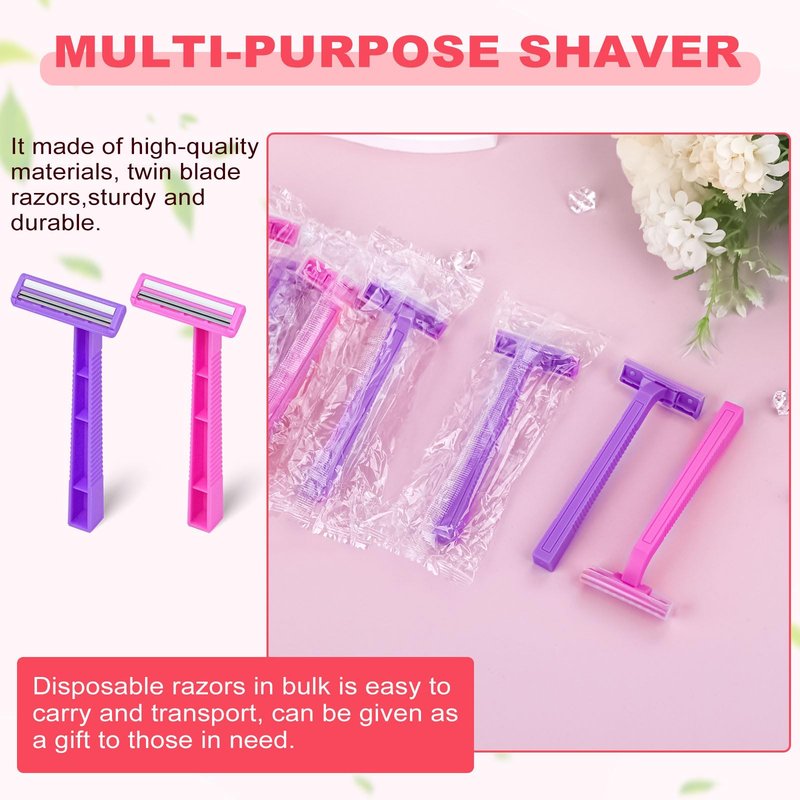 Women's Disposable Razors Individually Wrapped Twin Blade,Disposable Razors Women Bulk with Clear Safety Cap for Men Women Camping Traveling Home Bathing Hotel (pink and purple, pack of 100)