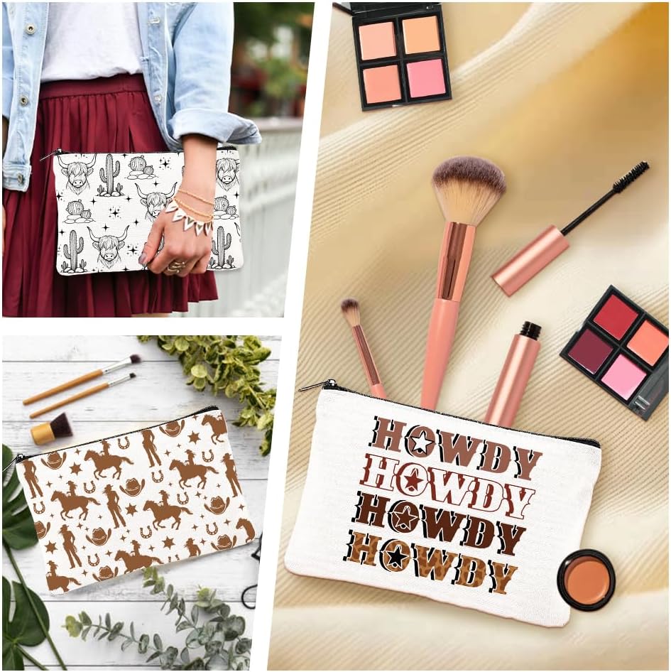 Canvas Western Cowboy Makeup Bag Set - 4Pcs Cactus Cow Design | Portable Travel Organizer, Large Capacity Toiletry Pouches 9.06” x 5.9”