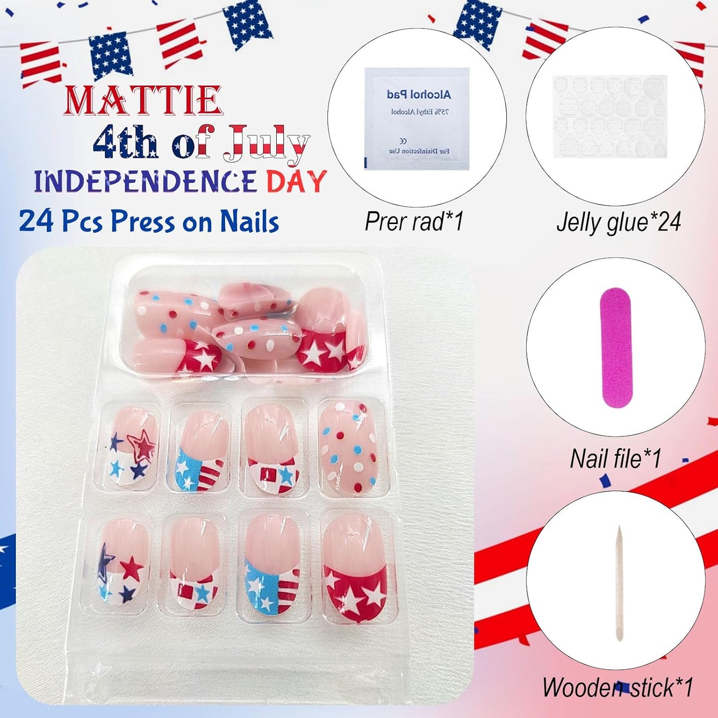 Press On Nails - Short Oval French Tip Design | Glossy Pink with Stars & American Flag - 24 Pcs