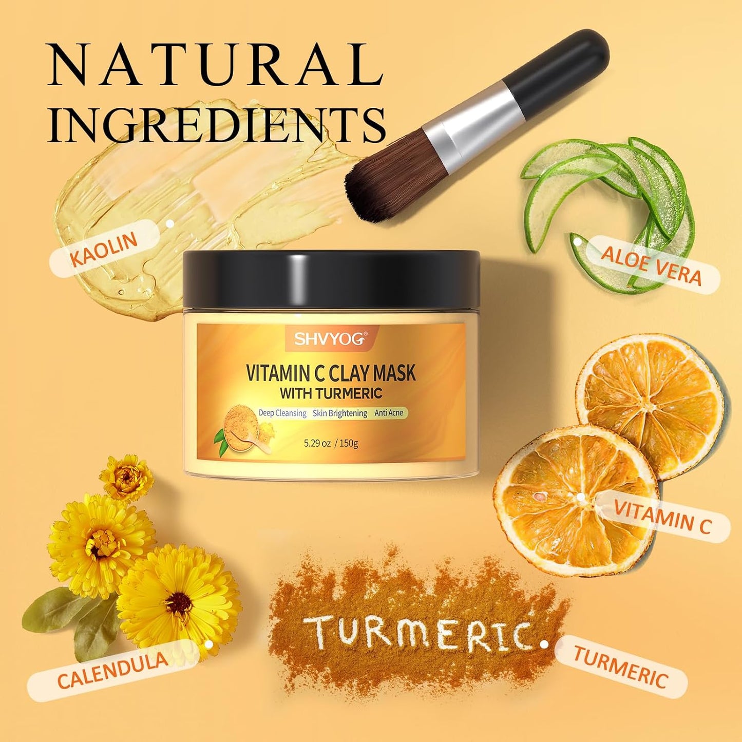 Turmeric Vitamin C Clay Mask - Deep Cleansing Facial Mask for Dull & Blemish-Prone Skin | 5.29 Oz (150g)