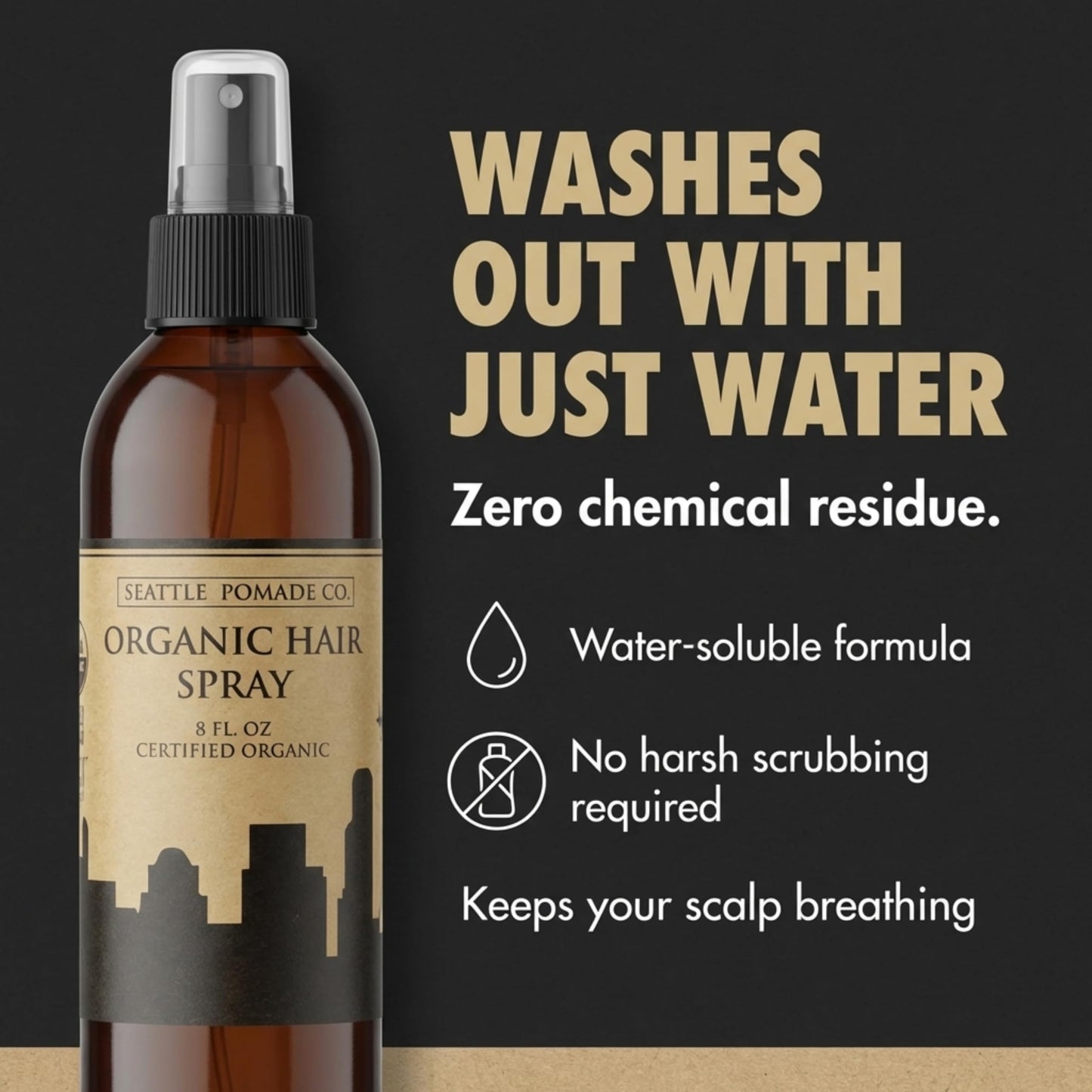 Seattle Pomade Co. Certified Organic Hair Spray made with Organic Aloe and Acacia Fiber. Strengthens & Lightly Holds Hair. Globally sourced certified organic materials.