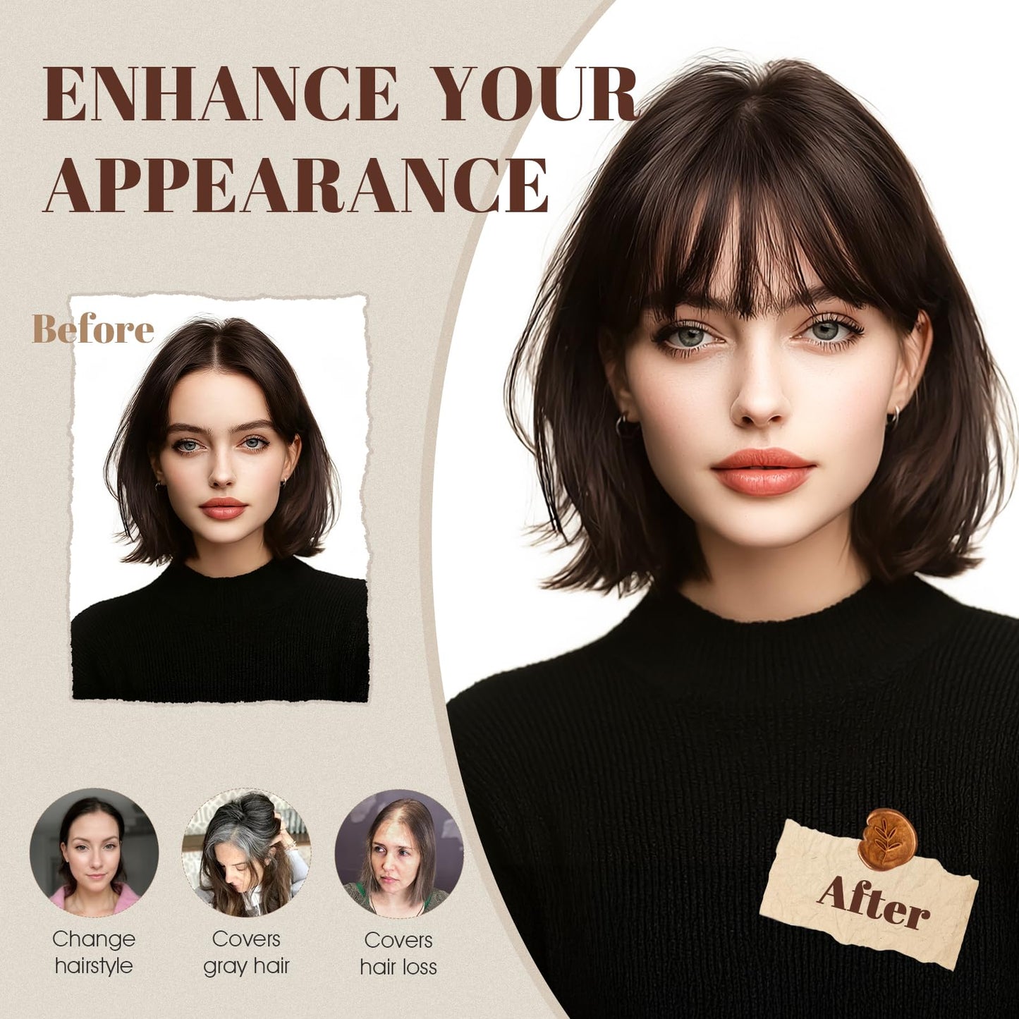 Rich Choices Hair Toppers Real Human Hair for Women 100% Human Remy Toppers With 3D Bang Hair Toppers For Thinning Hair Wispy Air Bang Hairpieces 10 Inch #06 Light Brown