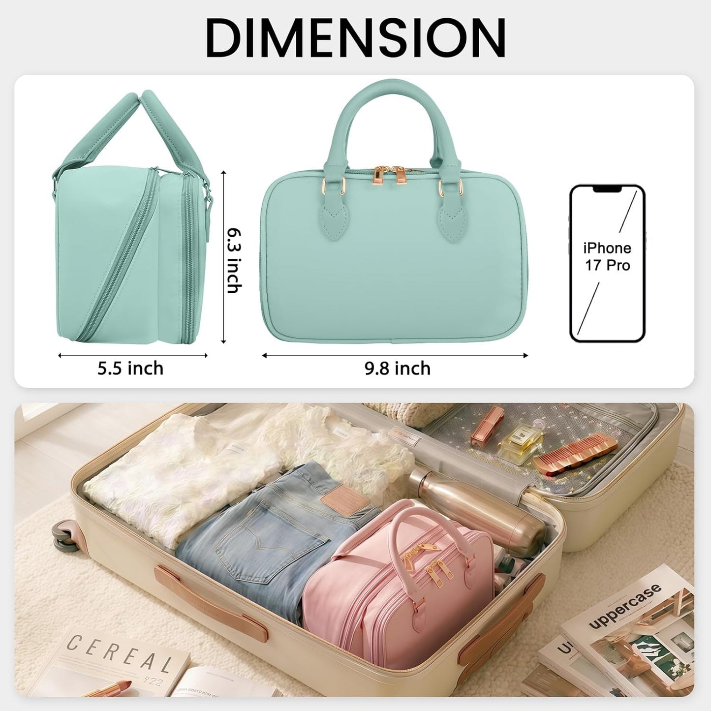 Travel Makeup Bag - Large Capacity Waterproof Organizer | Open Flat Design, Easy Access, Blue