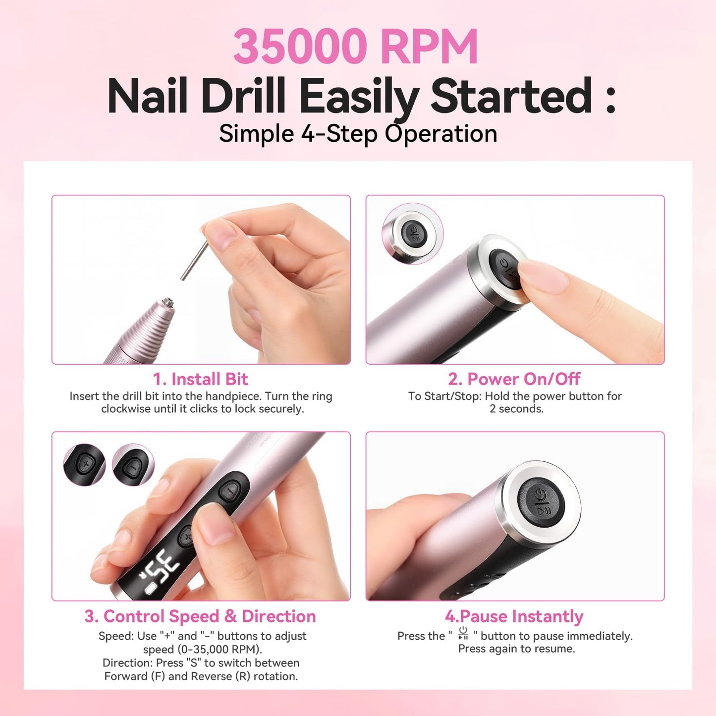 Makartt Electric Nail Drill: Rechargeable 35000 RPM Professional Efile, Cordless Nail Drill Machine Kit & Nail Machine for Acrylic Dip Powder Gel Polish,Quiet Lightweight Portable Tool for Salon Home