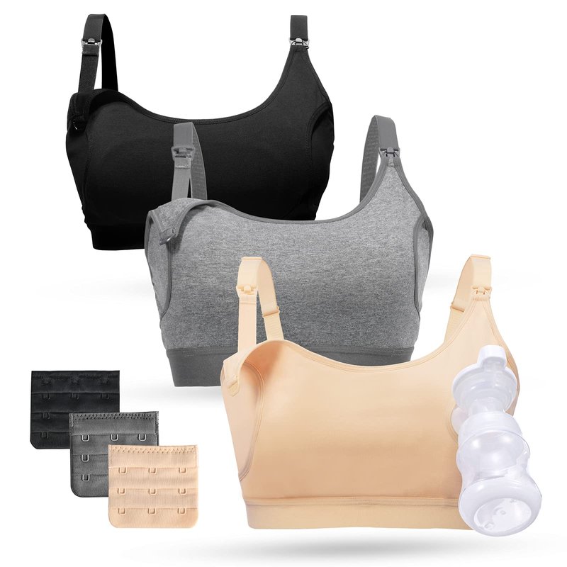 Momcozy Pumping Bra Hands Free, Pumping and Nursing Bra in One Holding Breast Pump for Spectra, Lansinoh, Medela, Black,Grey,skin-3pk, X-Large