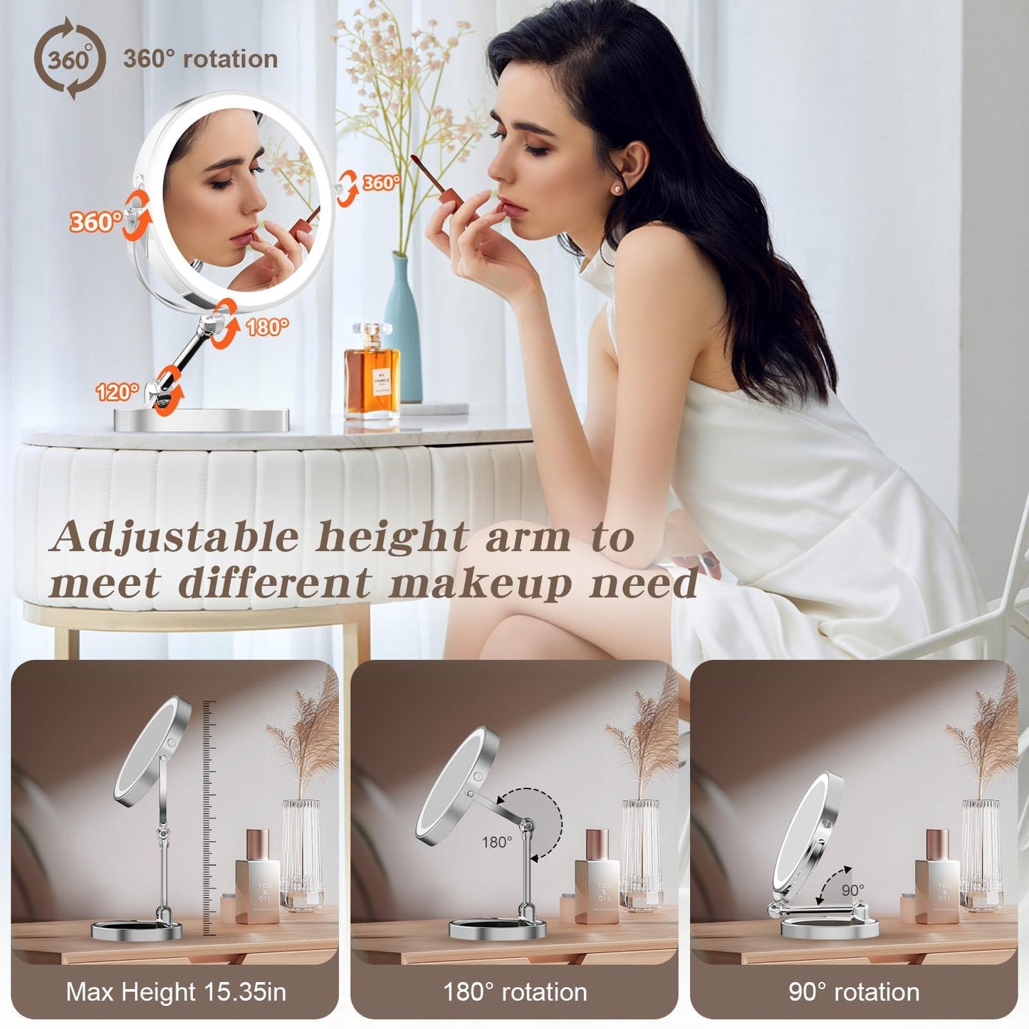 Rocollos Tabletop Makeup Mirror with Built-in Vanity Tray, 9" Rechargeable 4000mAh Lighted Vanity Mirror 1X/10X Magnification, Height-Adjustable Arm, 3 Color Dimmable (Nickel)