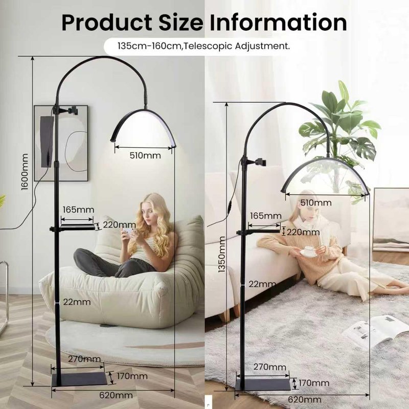 Lash Light for Eyelash Tech,LED Half Moon Floor Lamp for Esthetician, Tattoo Artists,Nail Tech, Skincare Adjustable Brightness and Height Esthetician Light with Phone Holder and Tool Tray