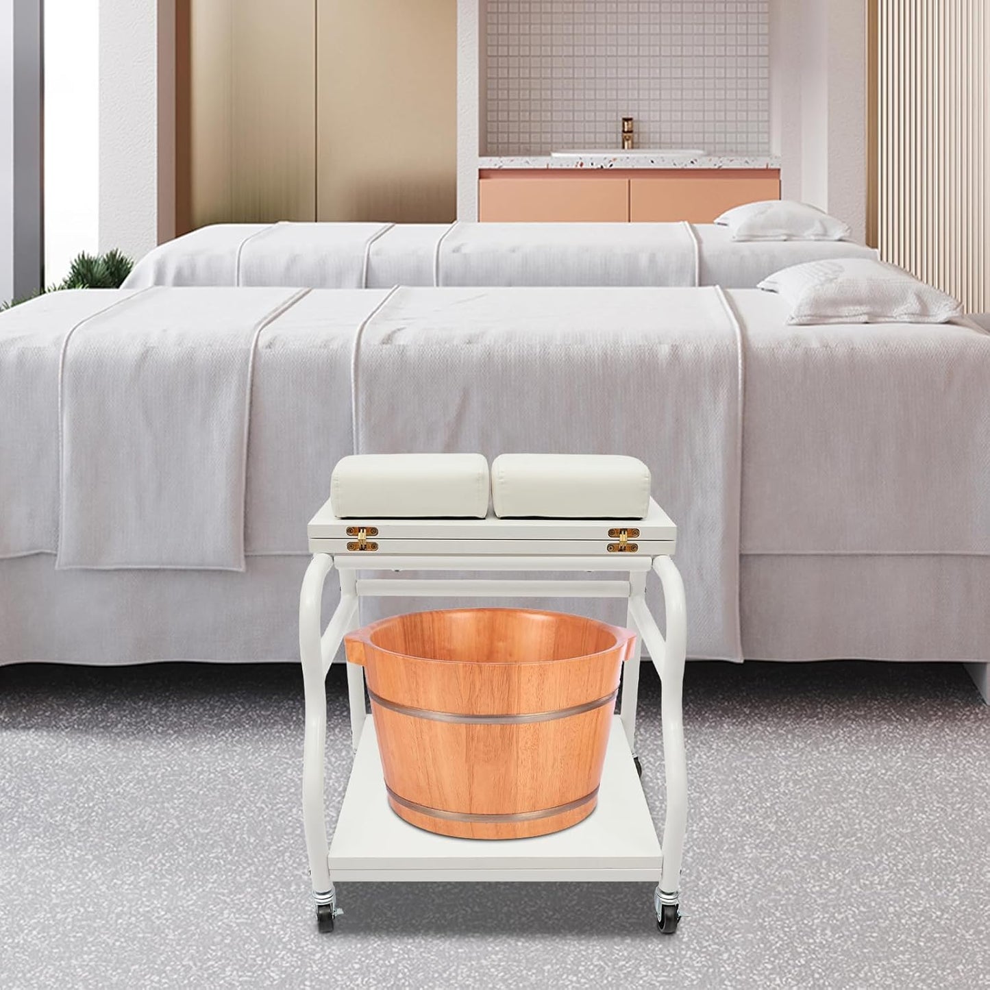 Pedicure Cart - 2-Tier Portable Foot Bath Trolley for Nail Salons | Foldable Rolling Manicure Storage Cart (White)