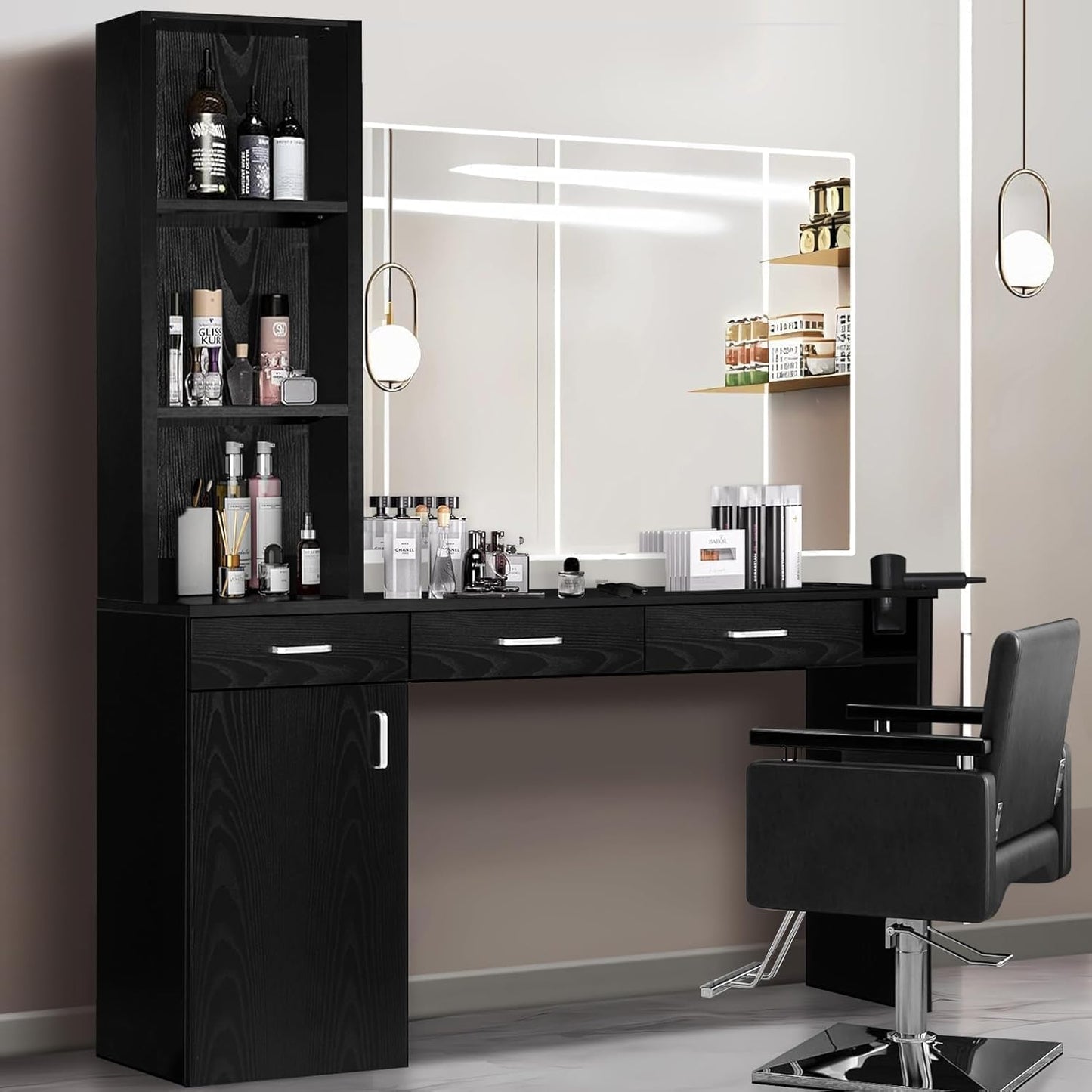 4ever2buy Salon Stations for Hair Stylist, Black Barber Hair Salon Station, 3 Hair Dryer Holder, 3 Drawers and 1 Cabinet, Mirror not Included, Black