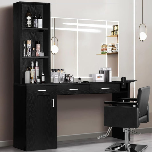 4ever2buy Salon Stations for Hair Stylist, Black Barber Hair Salon Station, 3 Hair Dryer Holder, 3 Drawers and 1 Cabinet, Mirror not Included, Black