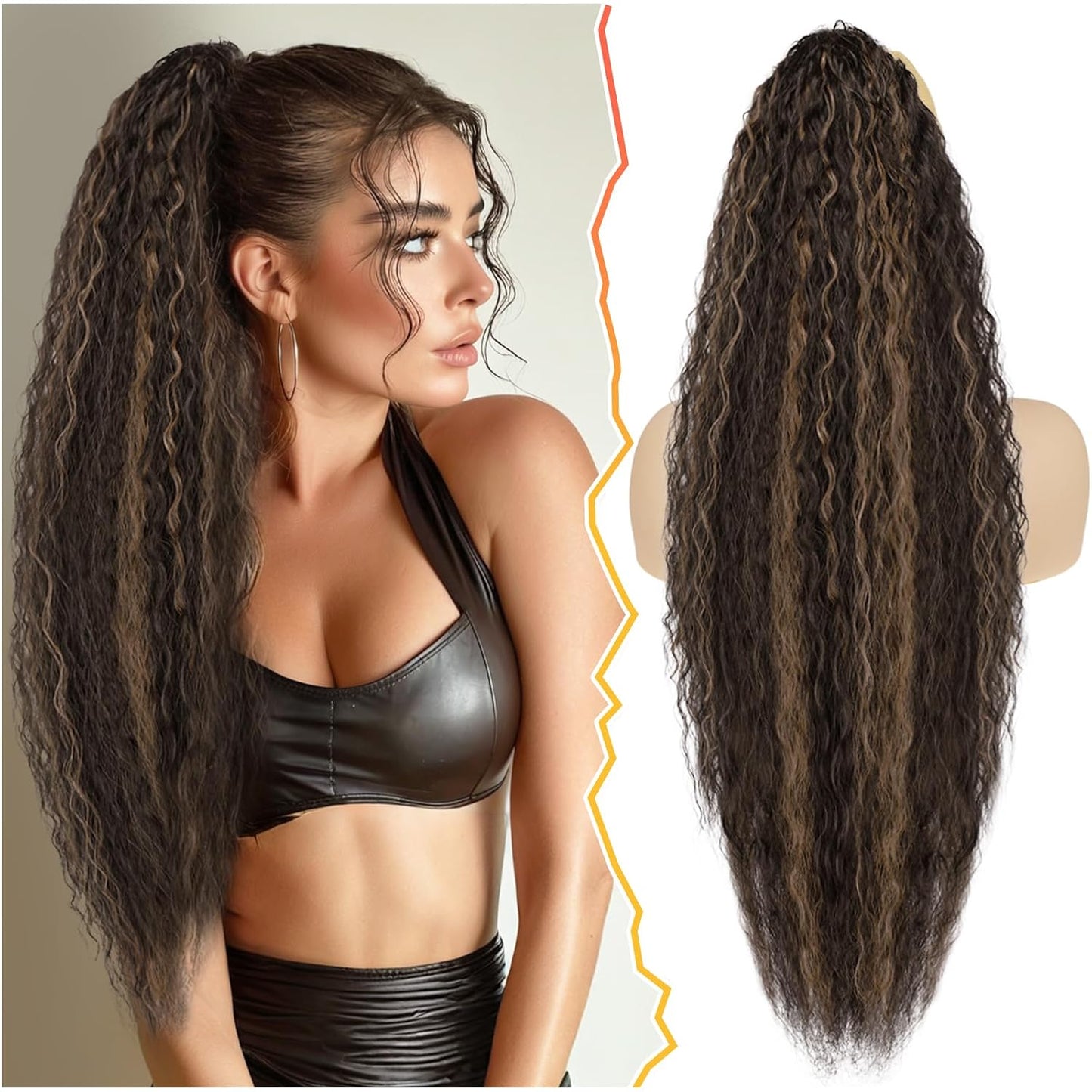 22 Inch Black Curly Wavy Drawstring Ponytail Extension - Synthetic Clip-In Hairpiece for Voluminous Bohemian Style