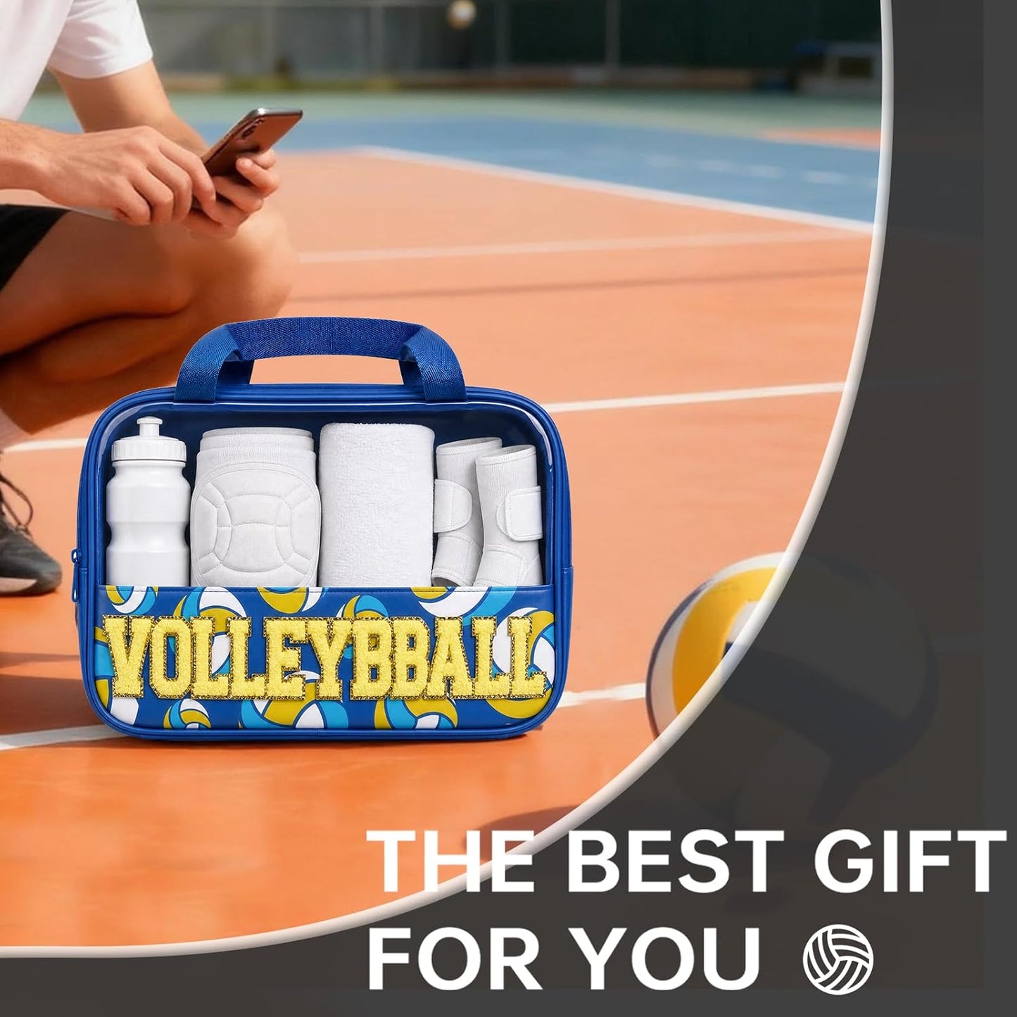 Volleyball Makeup Bag - Clear Chenille Letter Cosmetic Pouch | Portable Travel Toiletry Bag for Girls