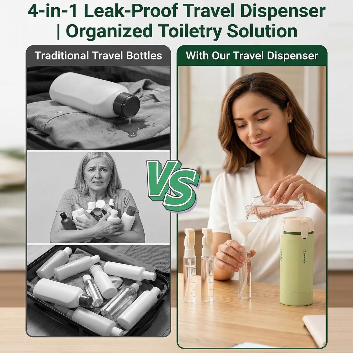 Travel Dispenser Bottle - 4-in-1 Leak-Proof TSA Approved Toiletry Container | Portable Hard Shell with Scale & Labels (White)