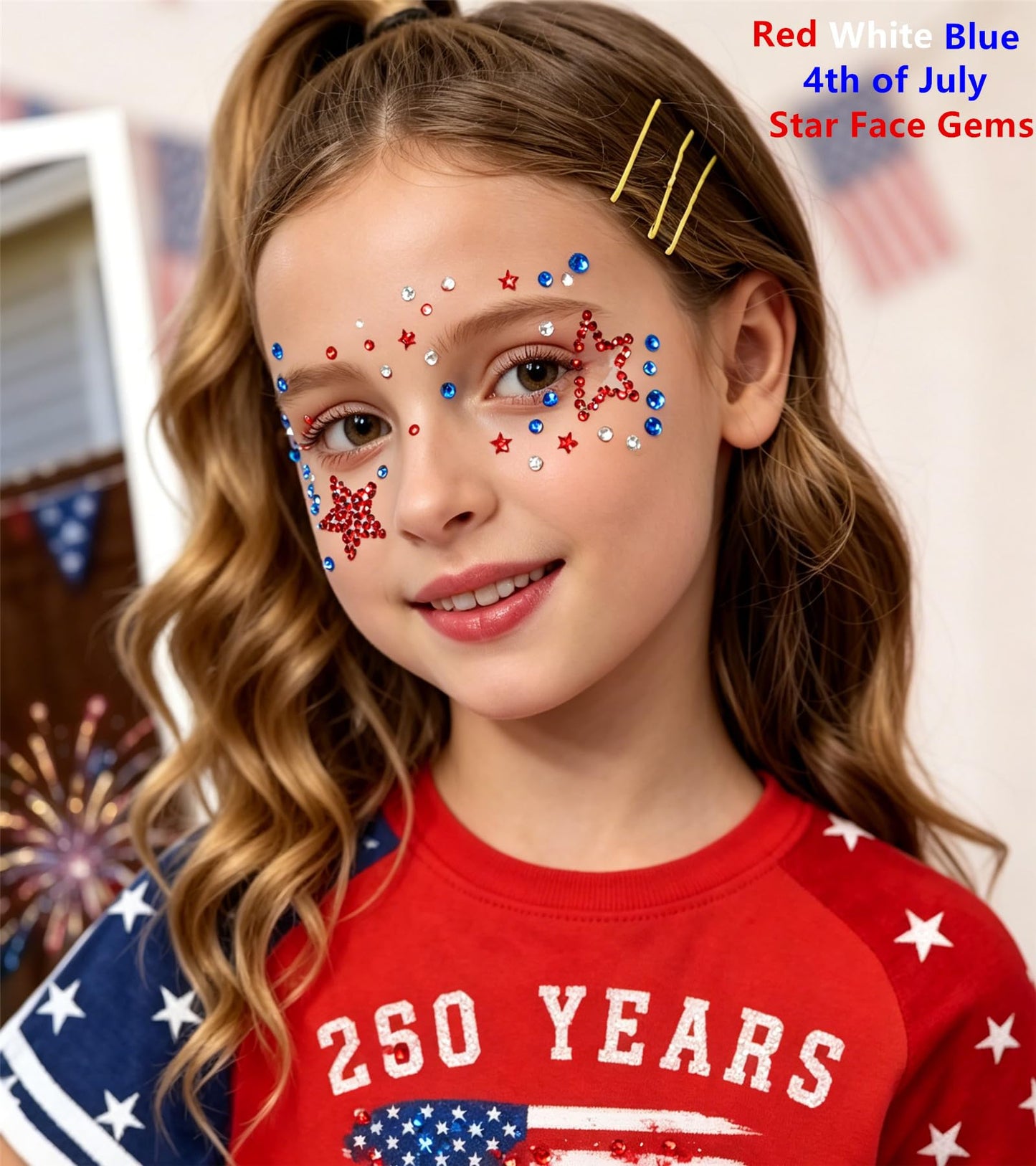 Go Ho 4th of July Star Face Hair Gems,4 Sheets of Self Adhesive Face Jewels for Women,Red White and Blue Gem Stickers Face Eye Rhinestones,Rhinestone Stickers 4th of July Patriotic Gems (02 Style)