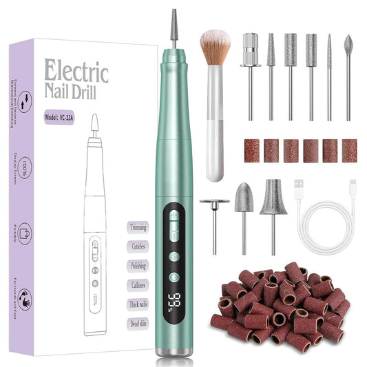 Cordless Nail Drill - 35000RPM Electric Nail File for Acrylic Gel Nails | Rechargeable Manicure Pedicure Kit with LCD Display - Green