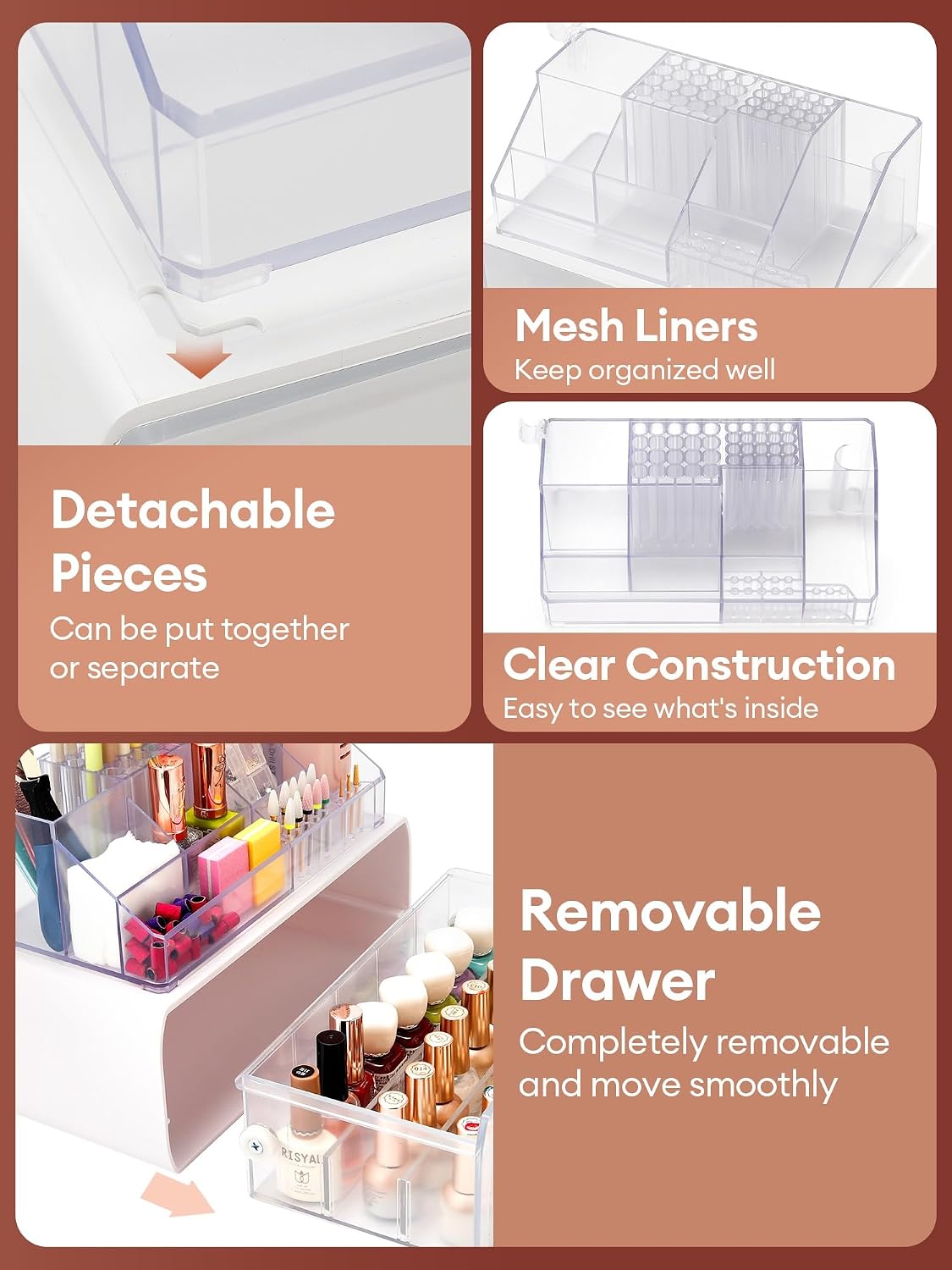 Nail Drill Holder with Drawer - Acrylic Makeup Organizer Case for Nail Bits | Beauty Storage Box for Dresser & Vanity