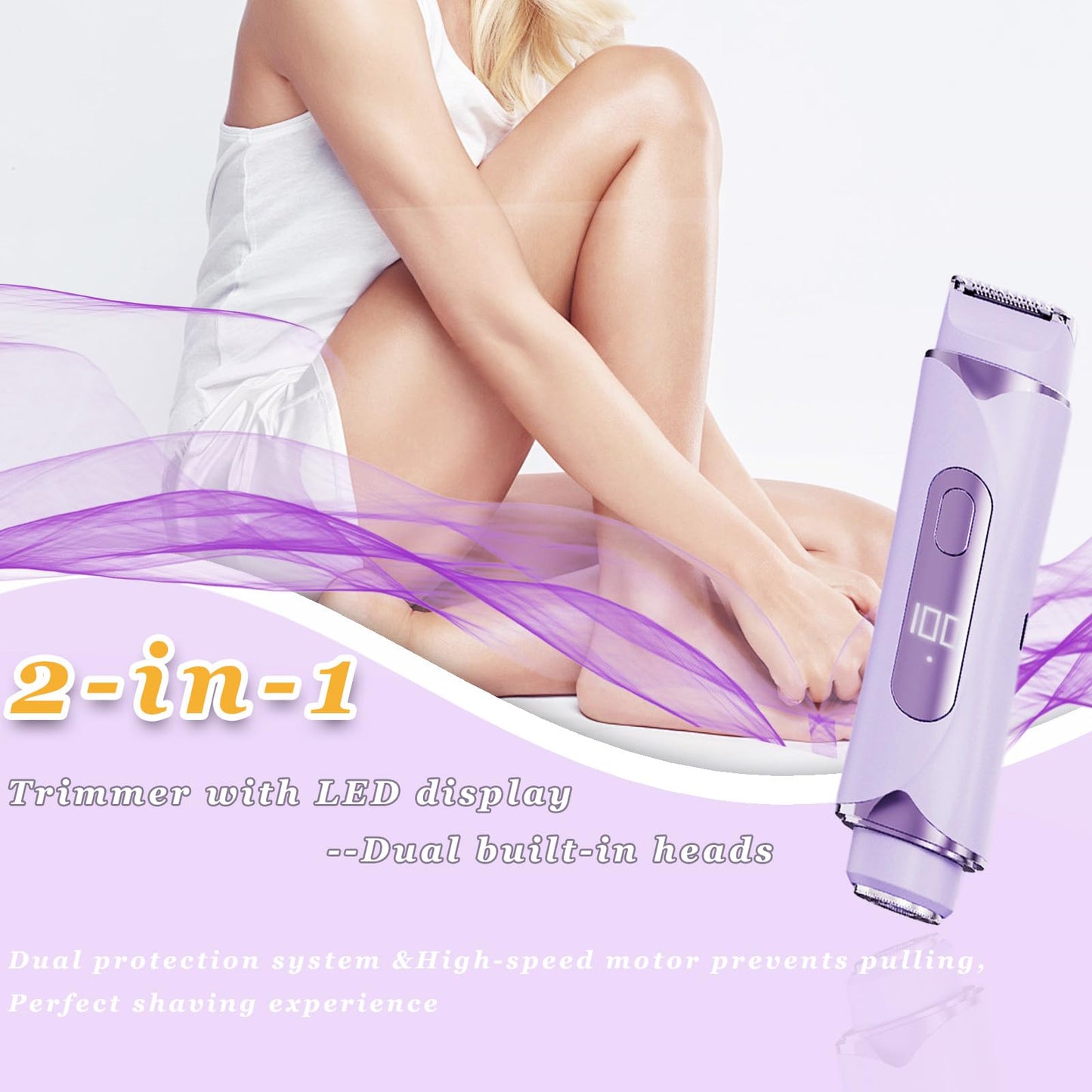 Veyuli Bikini Trimmer for Women & Body Shaver | Dual Head Electric Razor for Pubic Hair with Multi-Guard Protection | Rechargeable with Display Smooth Trimming for Bikini, Face, Legs, Underarms, Arms