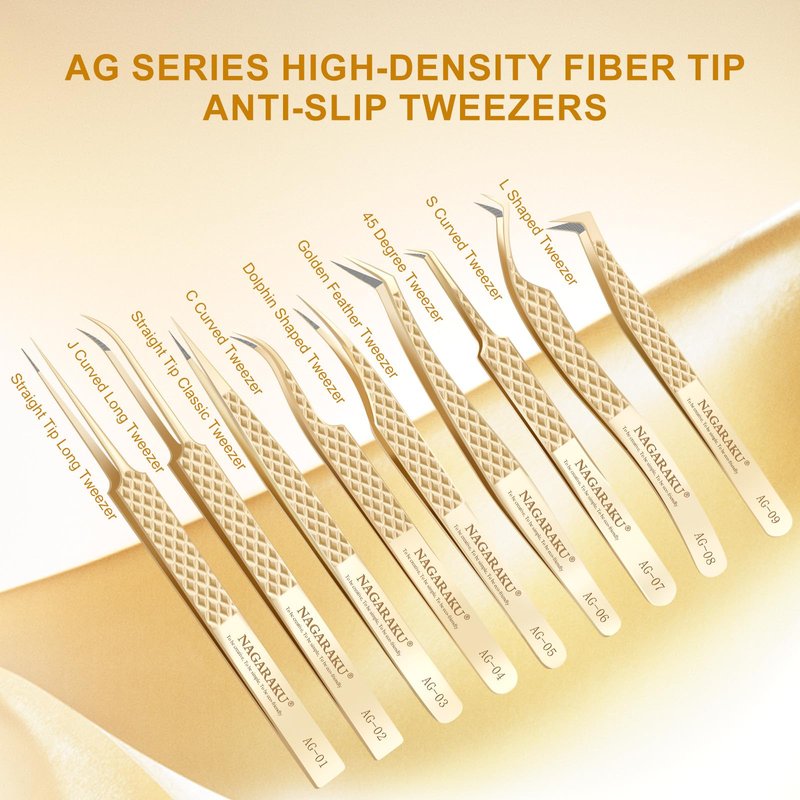 NAGARAKU Precision Fiber Tip Tweezer for Eyelash Extensions Diamond Grip 5cm Slim Tweezers Tip Anti-Static Anti-Slip Premium Stainless Steel Pointed Separate Eyelashes Curved Tweezers with Box (AG-02)