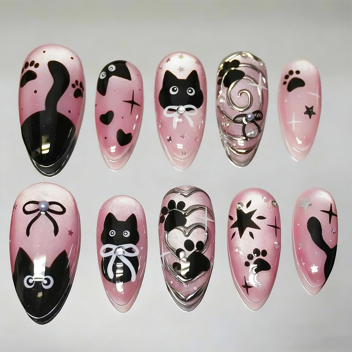 French Tip Press-On Nails - 24 Pcs Medium Almond with 3D Flower & Gold Rhinestones | Full Cover Nude Artificial Nails