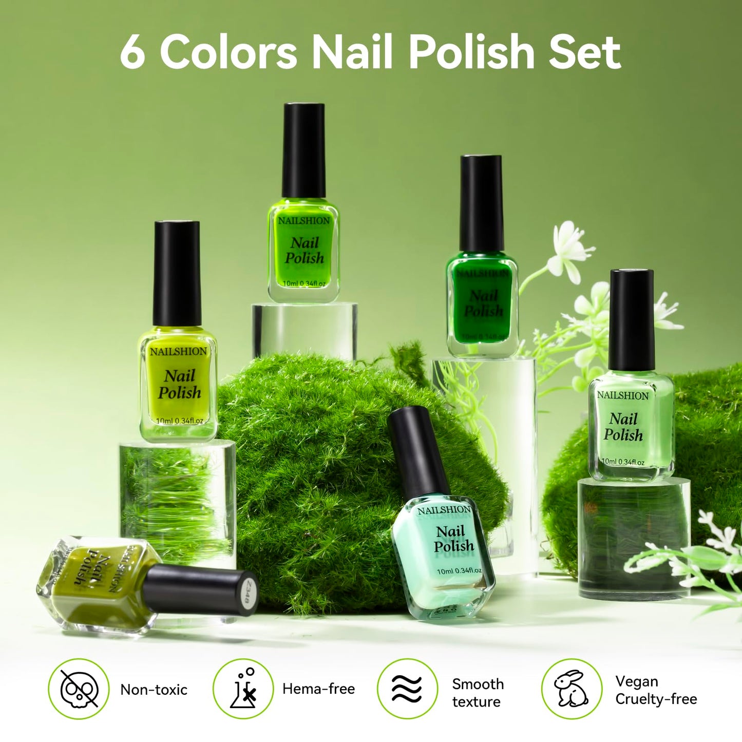 Nailshion Green Nail Polish, Spring Summer Olive Teal Natural Green Shade Natural Nail Polishes for Fingernails&Toenails, Quick Dry, Non Gel, Rich in Castor Oil, Nail Art DIY at Home St. Patrick's Day